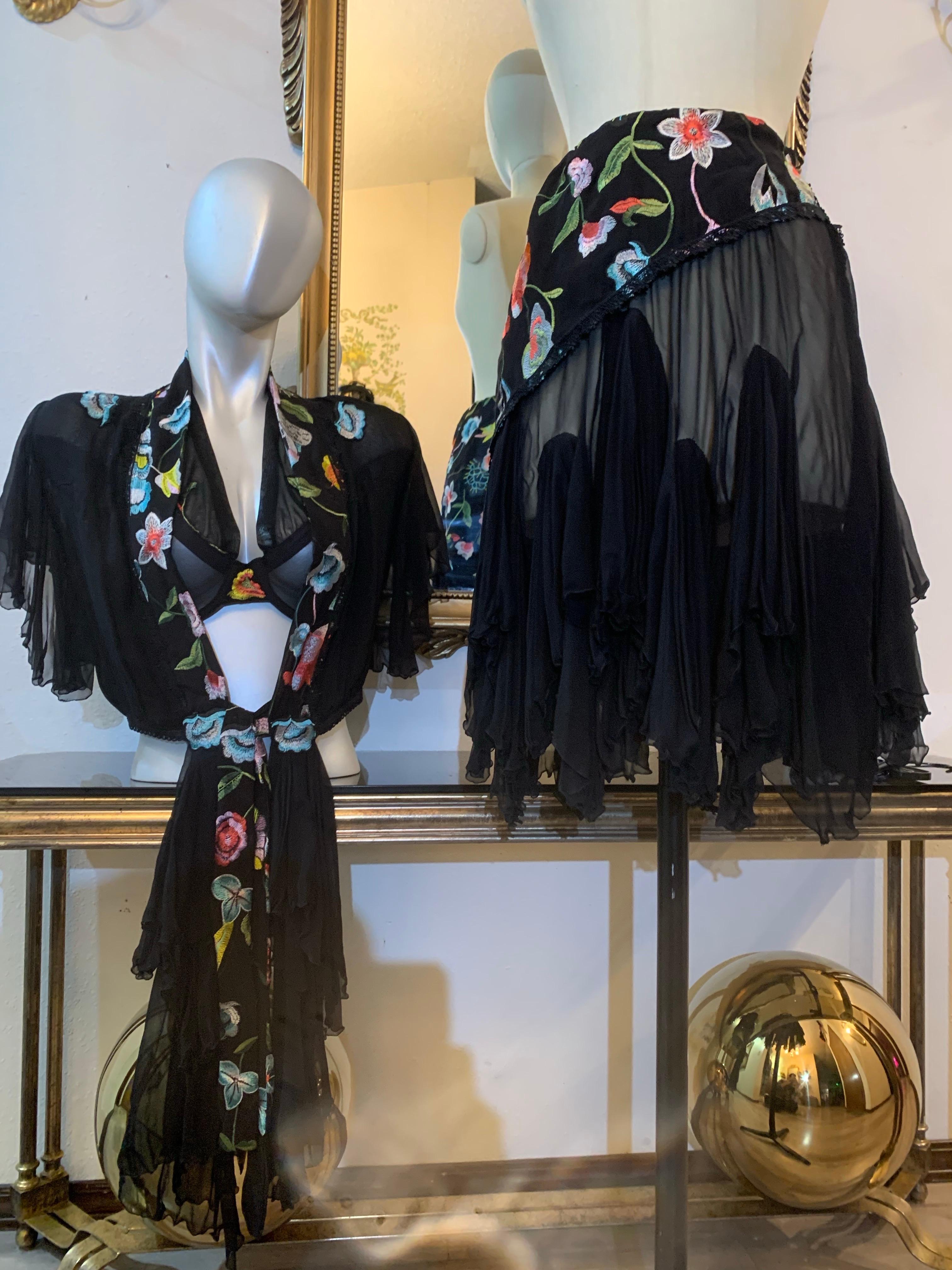 Torso Creations 3-Piece Black Chiffon and Floral Embroidered Bohemian Ensemble For Sale 5