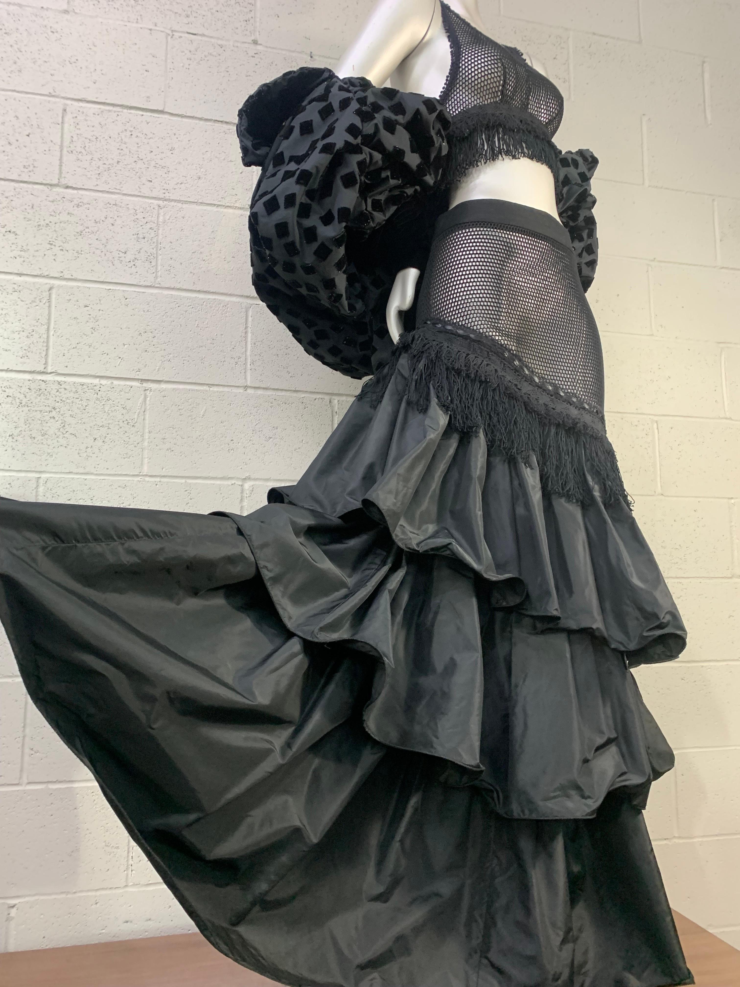 Torso Creations Schwarzes 2-teiliges gestuftes Flamenco-Kleid & Oberteil aus Fischnetz und Seidentaft Damen im Angebot