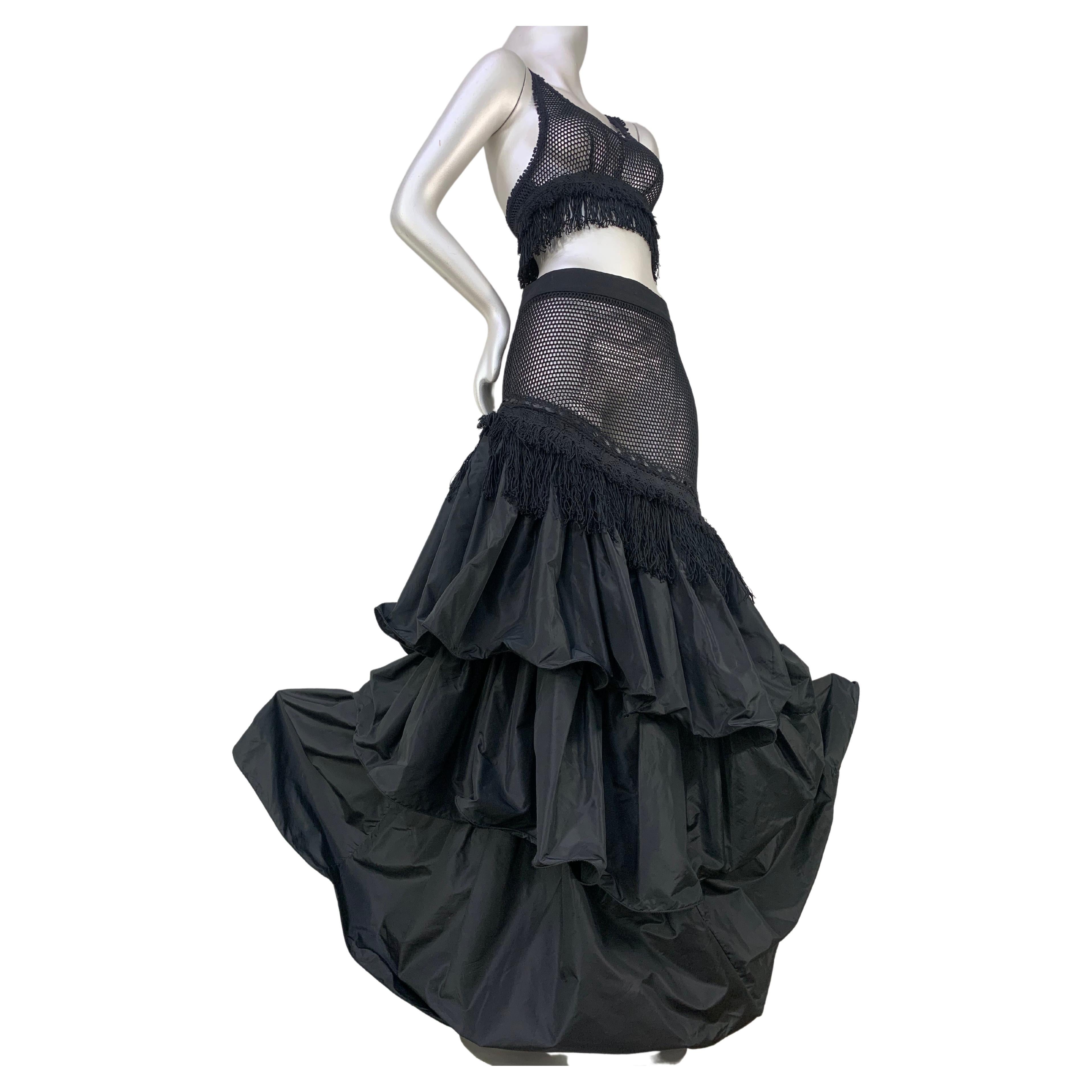 Torso Creations Schwarzes 2-teiliges gestuftes Flamenco-Kleid & Oberteil aus Fischnetz und Seidentaft im Angebot