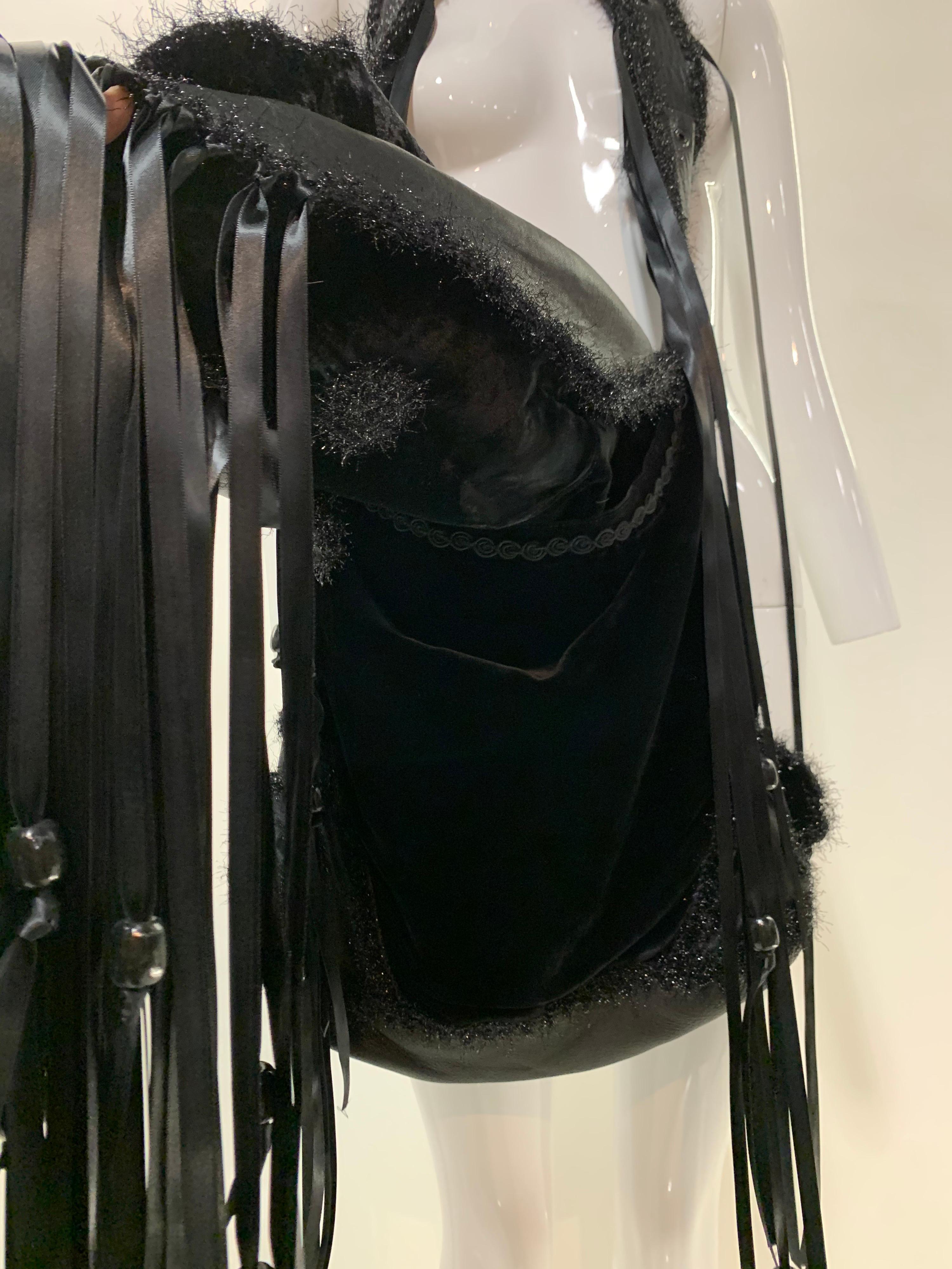 Nero Torso Creations Borsellino in pelle nera Flower Power con frangia in nastro di raso