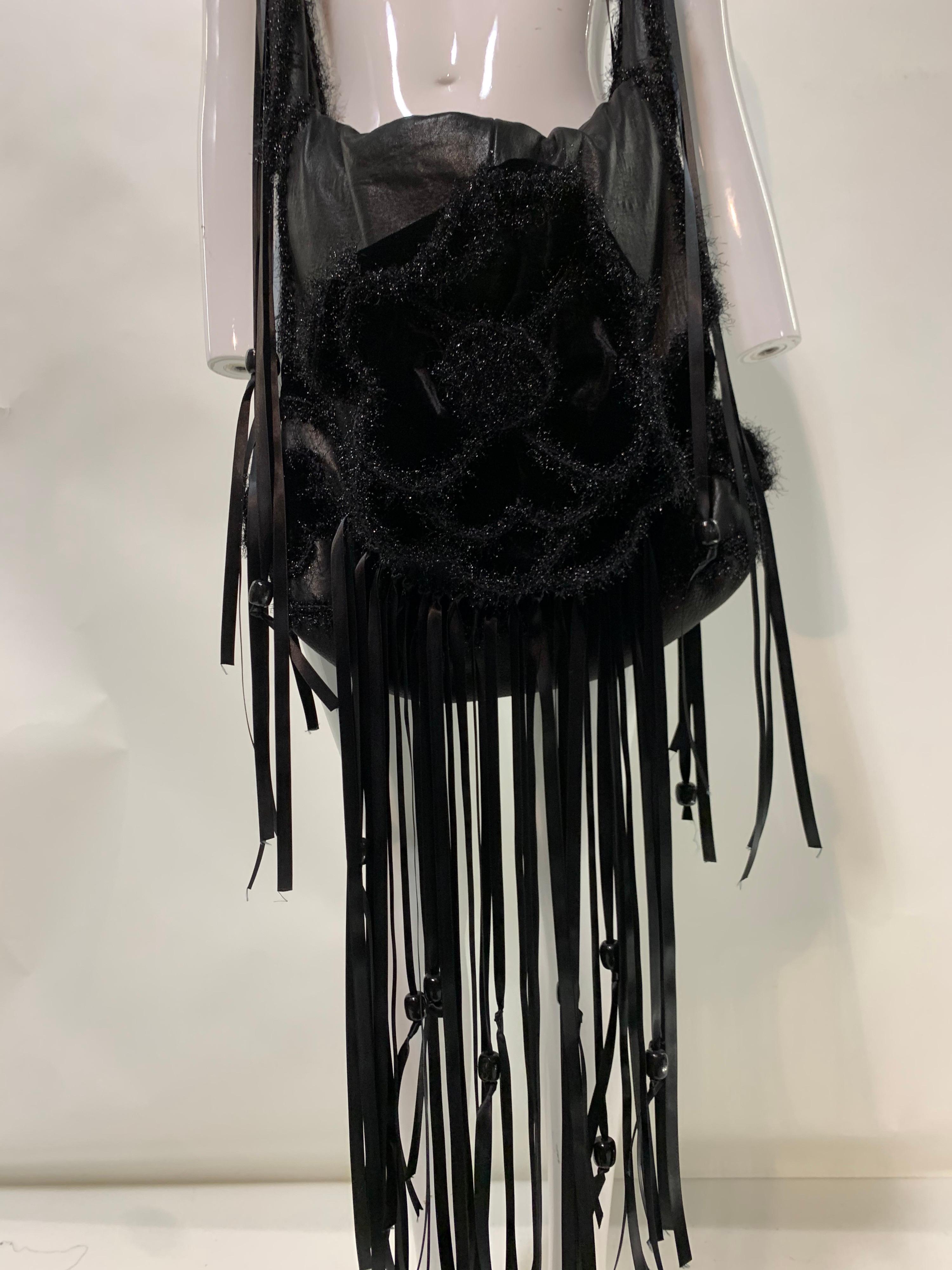 Women's Torso Creations Black Leather Flower Power Satchel Purse w/ Satin Ribbon Fringe