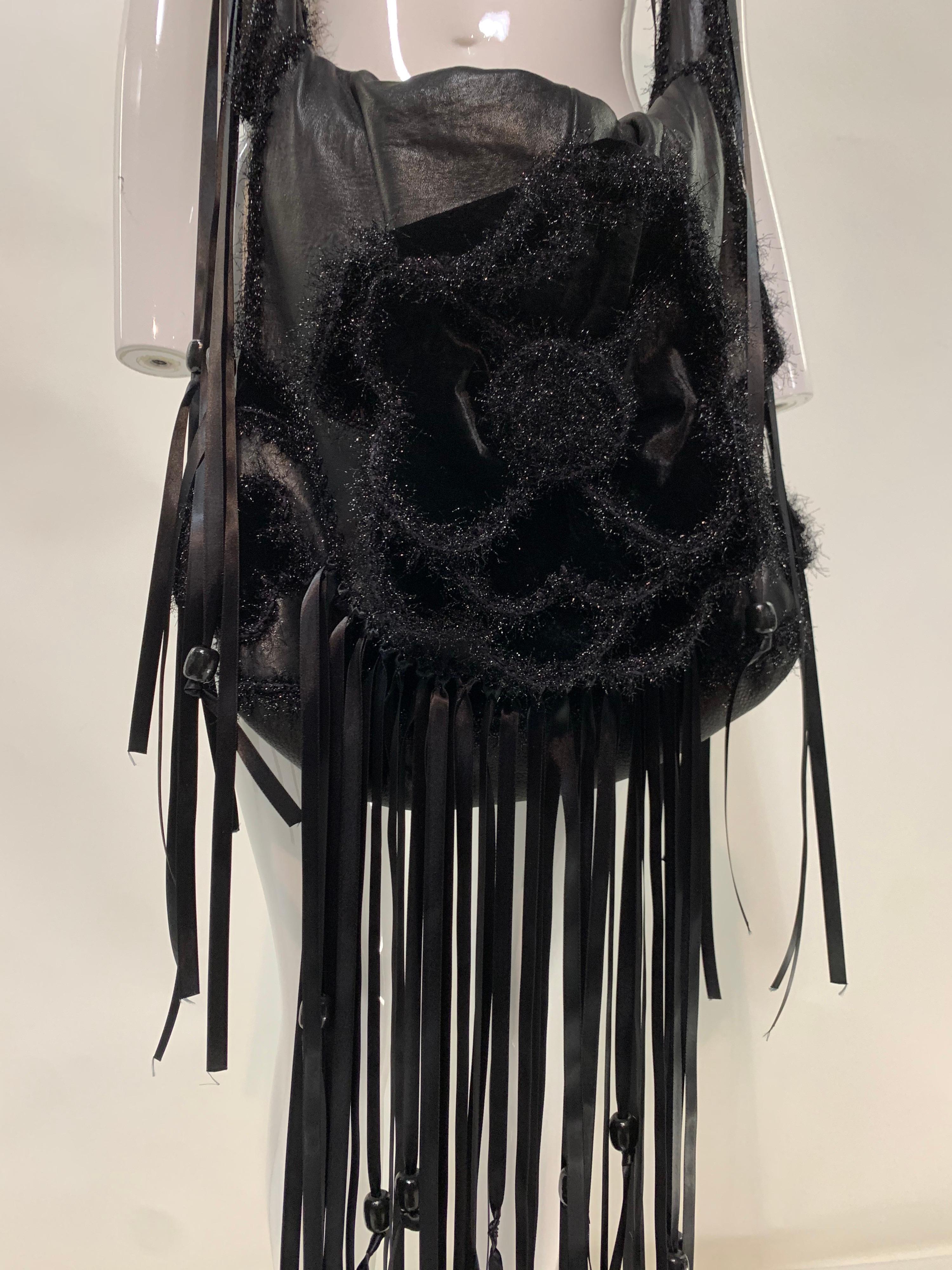 Torso Creations Black Leather Flower Power Satchel Purse w/ Satin Ribbon Fringe 1