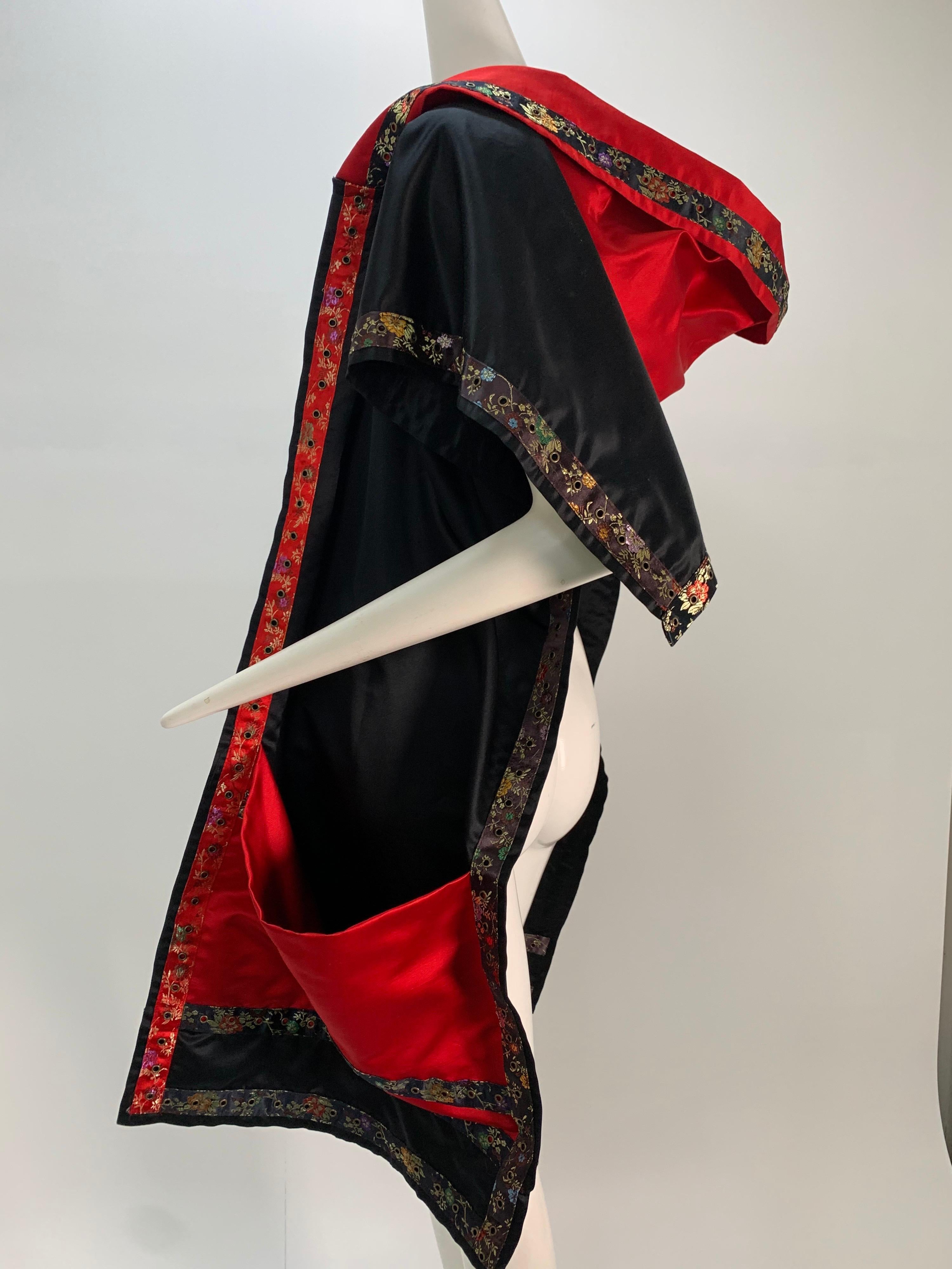 Women's Torso Creations Black & Red Silk Satin Hooded Wrap Stole Trimmed In Brocade Tape For Sale