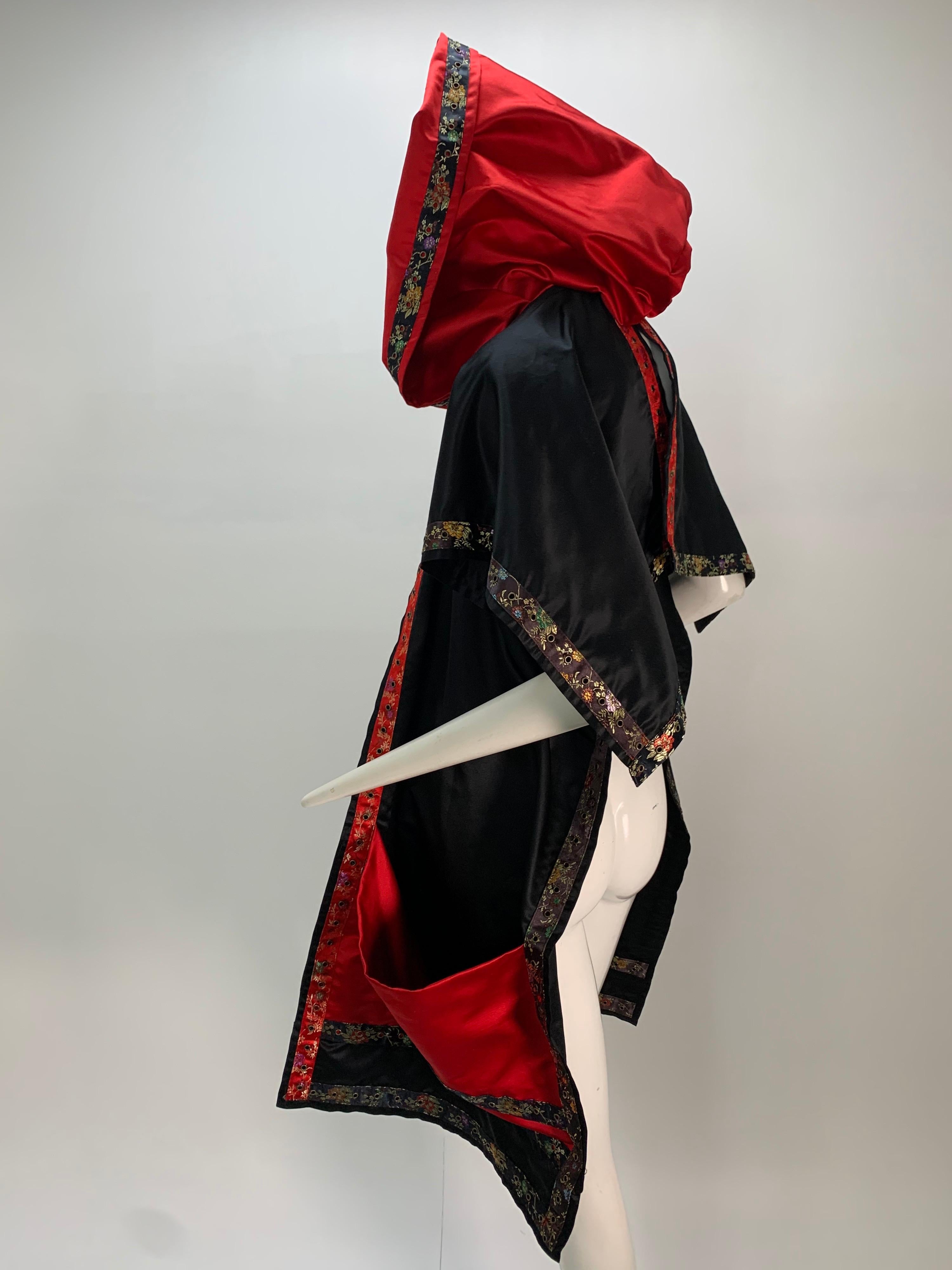 Torso Creations Black & Red Silk Satin Hooded Wrap Stole Trimmed In Brocade Tape For Sale 3