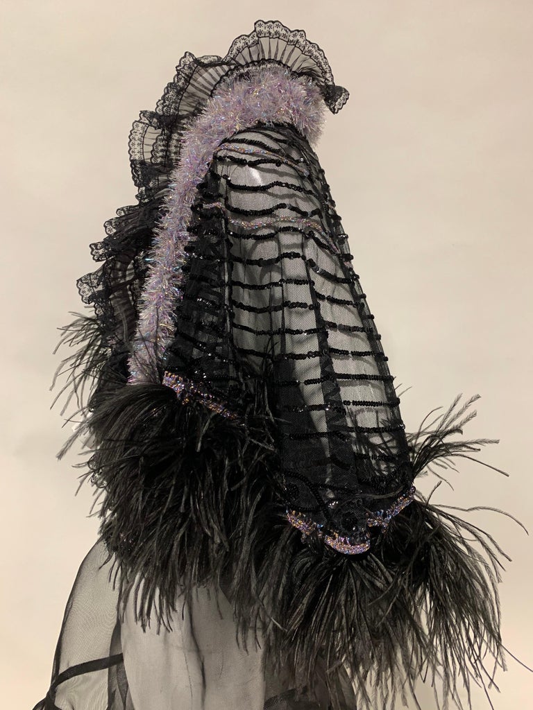 Torso Creations Black Sequin Cape W/ Ostrich Feather Trim & Crinoline Ensemble  For Sale 8