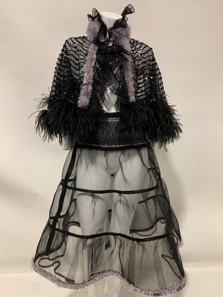 Torso Creations Black Sequin Cape W/ Ostrich Feather Trim & Crinoline Ensemble  For Sale 9