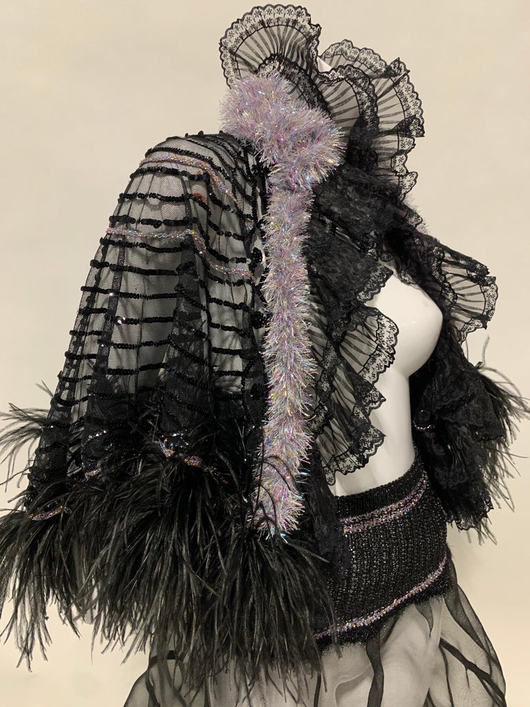Torso Creations Black Sequin Cape W/ Ostrich Feather Trim & Crinoline Ensemble  For Sale 2