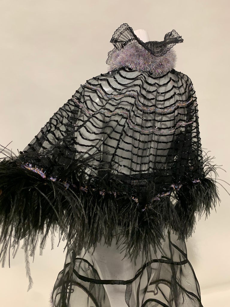 Torso Creations Black Sequin Cape W/ Ostrich Feather Trim & Crinoline Ensemble  For Sale 5