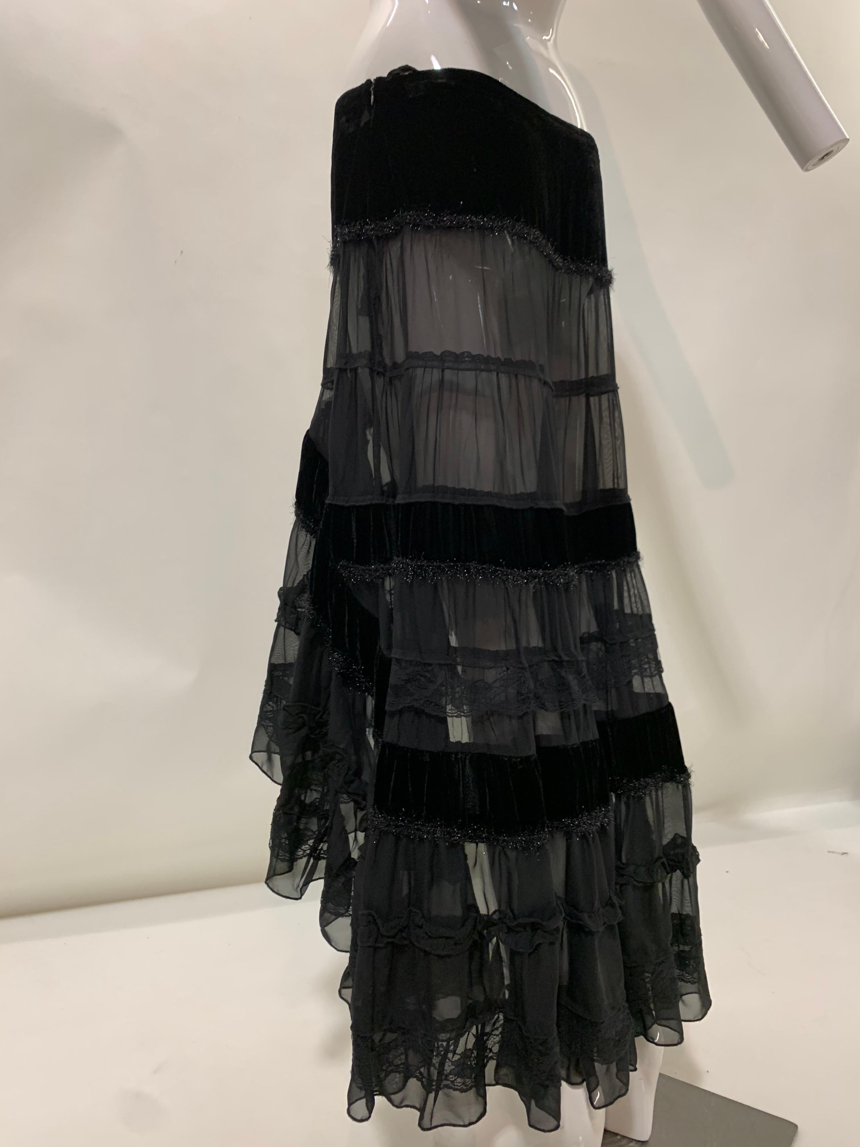 Torso Creations Black Silk Chiffon Velvet & Lace Tiered Hi / Low Peasant Skirt In Excellent Condition In Gresham, OR