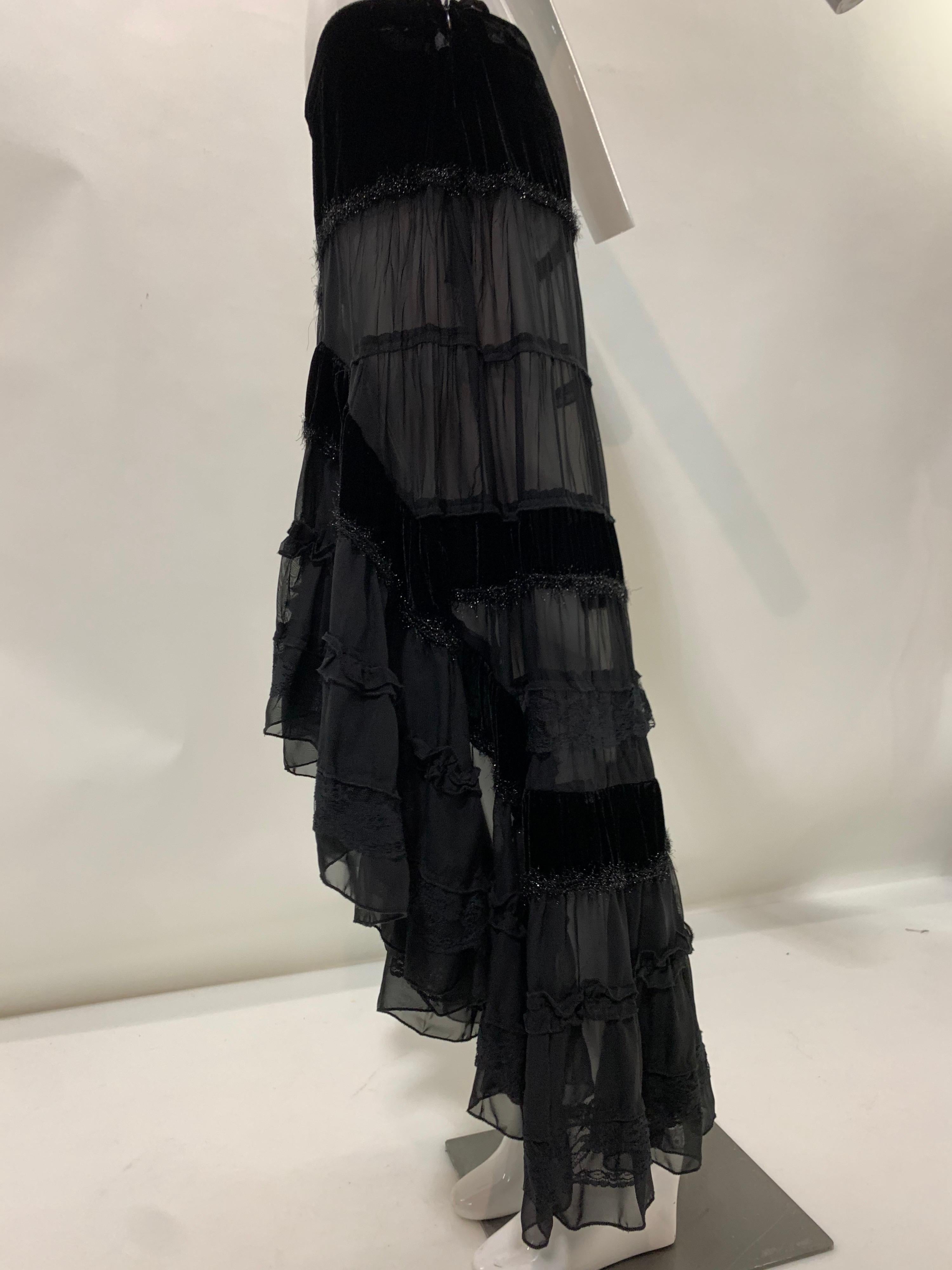 Torso Creations Black Silk Chiffon Velvet & Lace Tiered Hi / Low Peasant Skirt 1