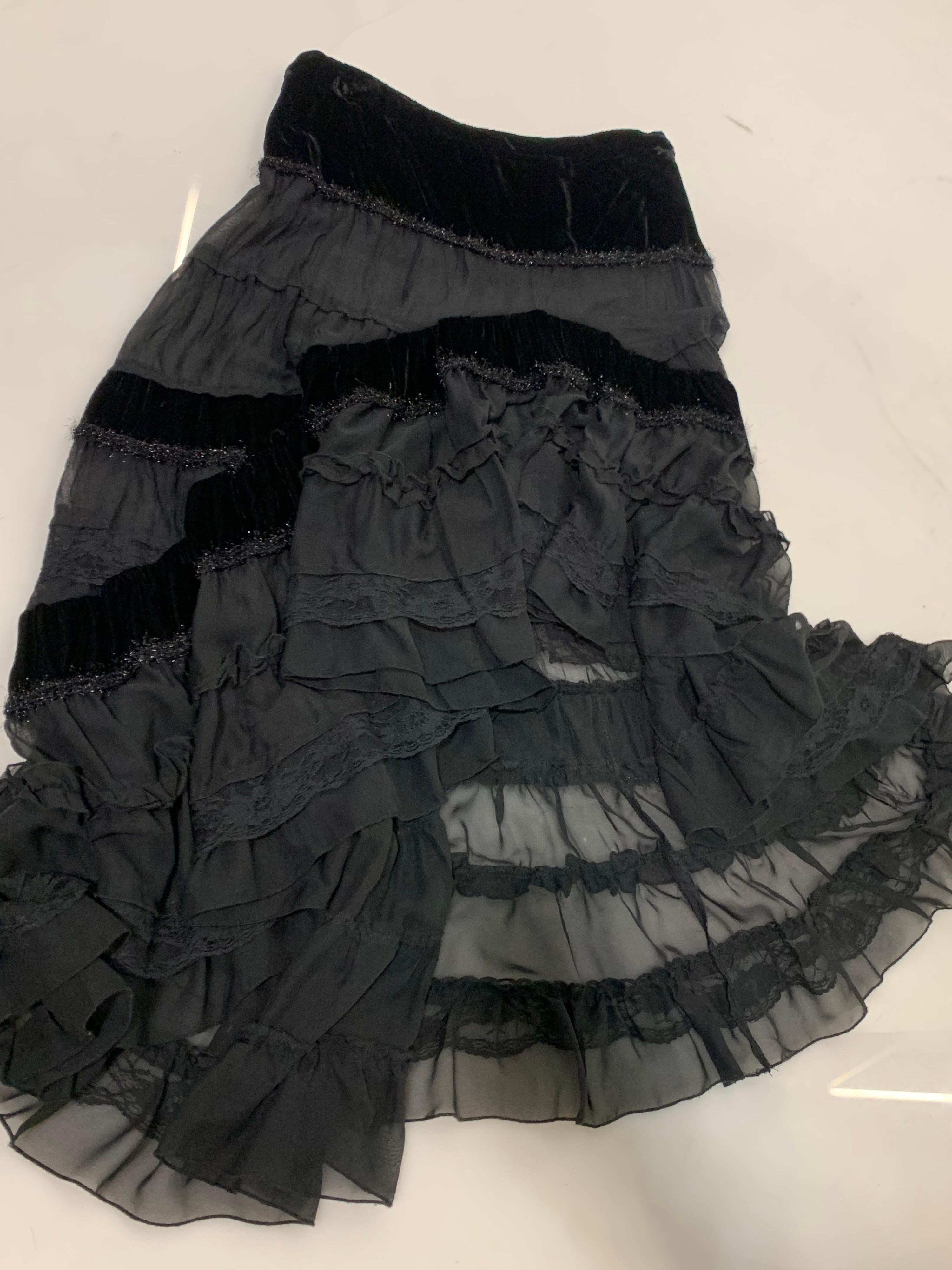 Torso Creations Black Silk Chiffon Velvet & Lace Tiered Hi / Low Peasant Skirt 2