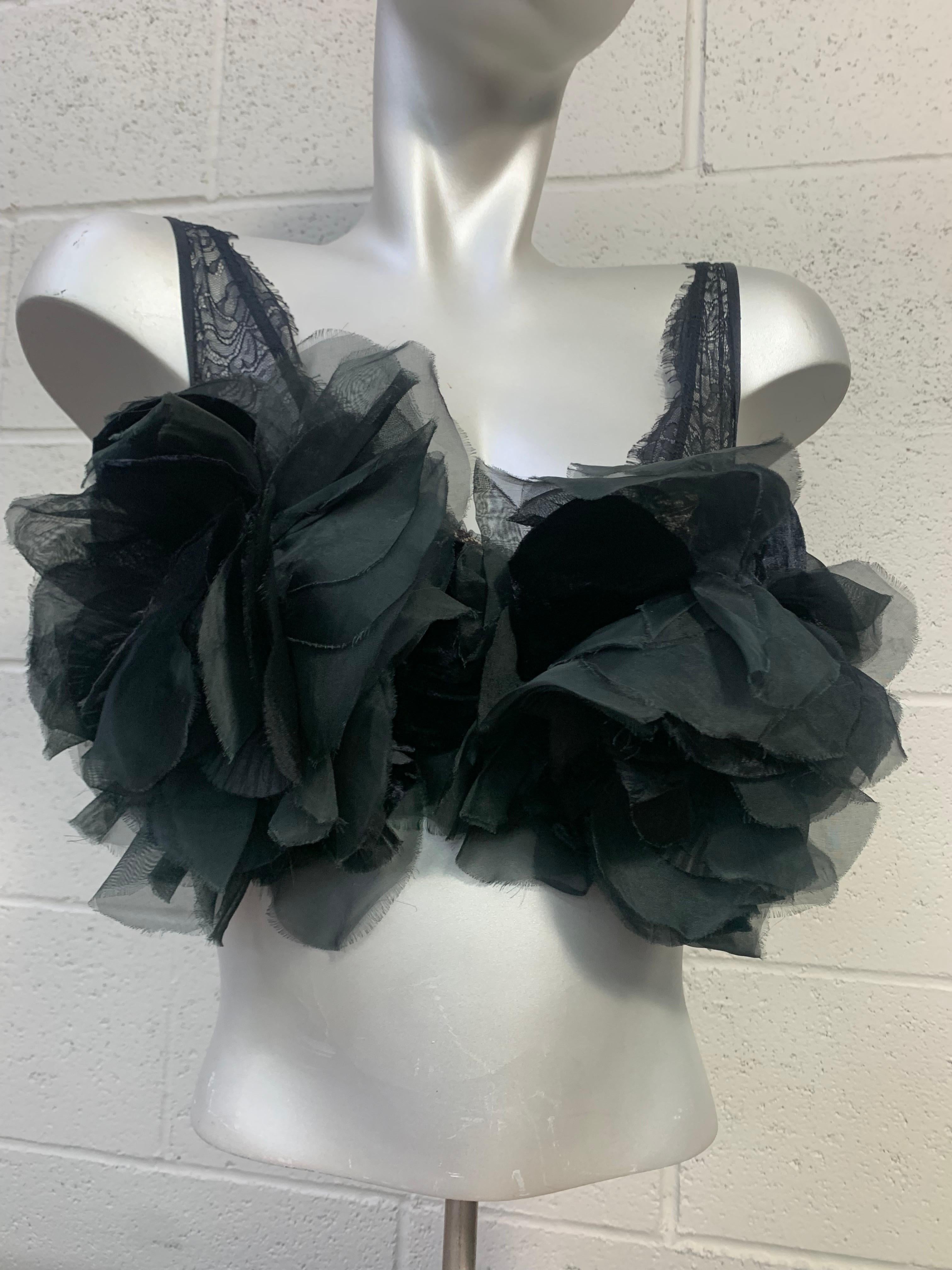 Torso Creations Black Silk Organza & Velvet Floral Embellished 50s Lace Bralette For Sale 3