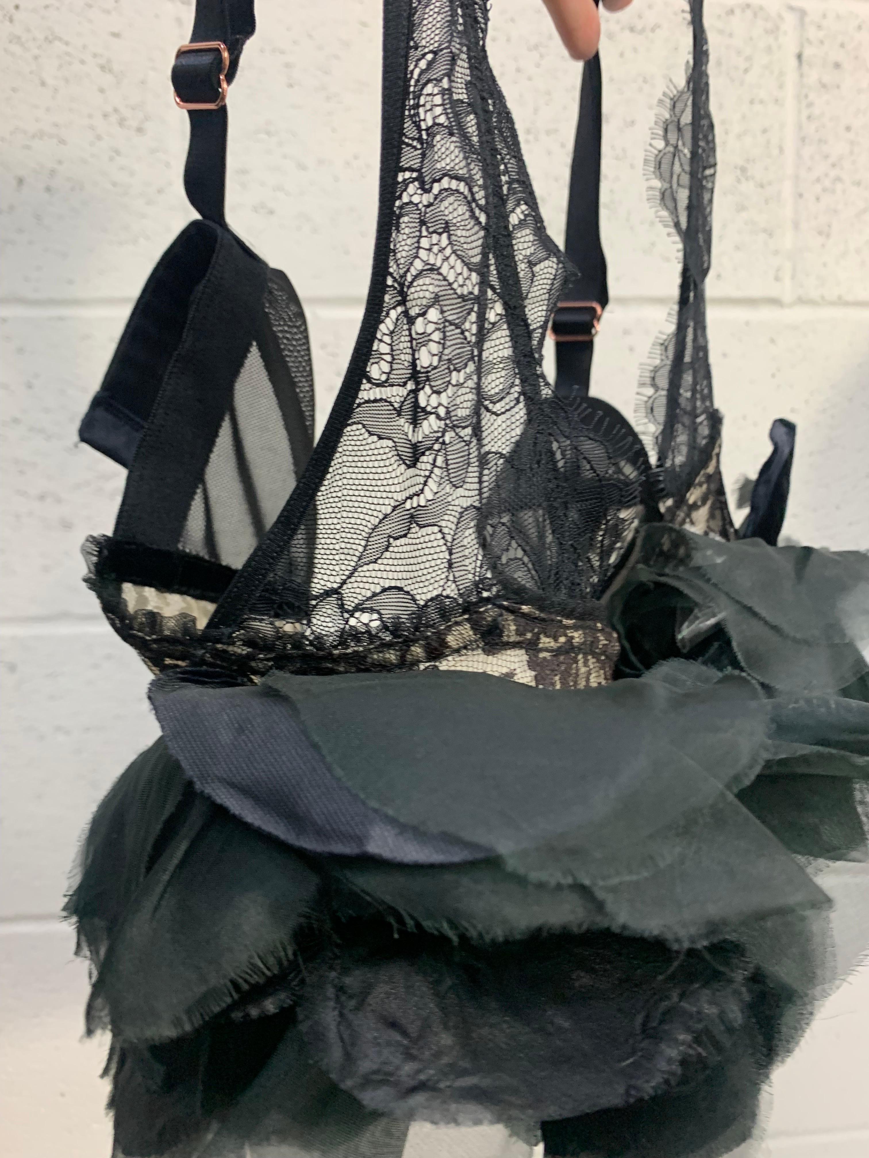 Torso Creations Black Silk Organza & Velvet Floral Embellished 50s Lace Bralette For Sale 11