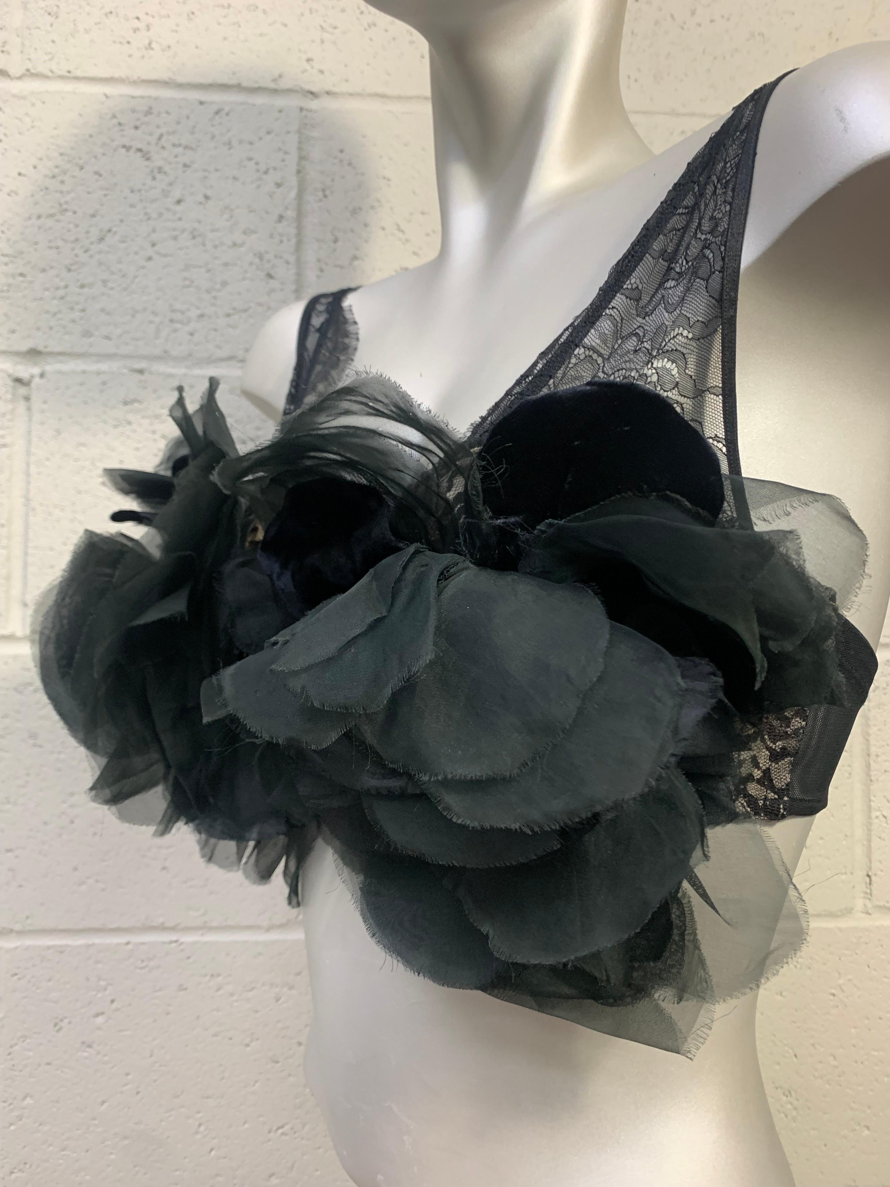 Torso Creations Black Silk Organza & Velvet Floral Embellished 50s Lace Bralette For Sale 2