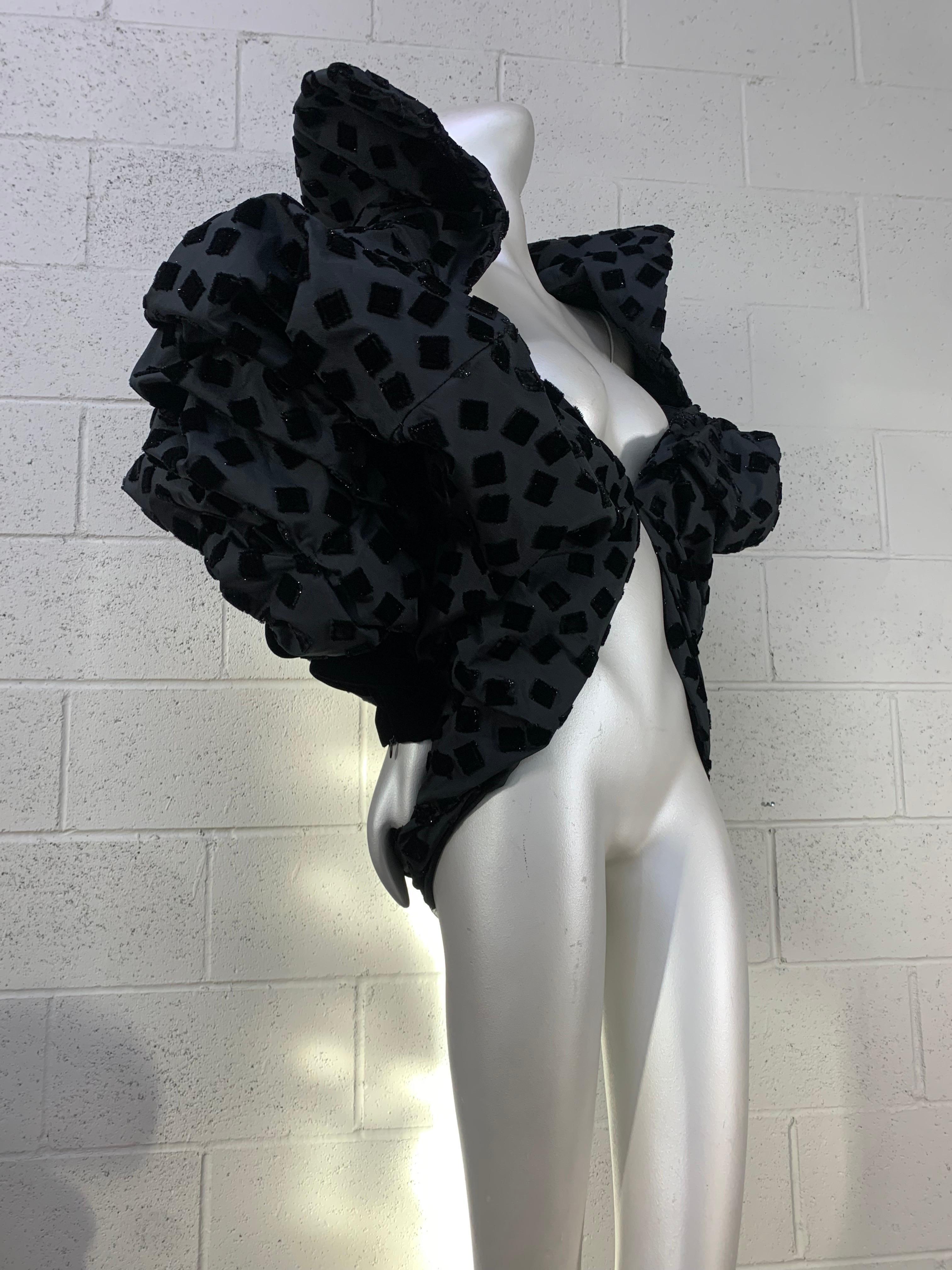 Torso Creations Black Silk Tafetta Bubble Cocoon Evening Jacket :  Torso Creations avant garde sculptural evening jacket features cut velvet taffeta in patterns of tumbling squares. Fully lined in silk organza, Sleeves are fitted at forearm with