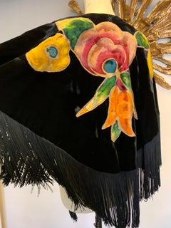 Torso Creations Black Silk Velvet Fringed Shawl w 1920s Painted Floral Applique