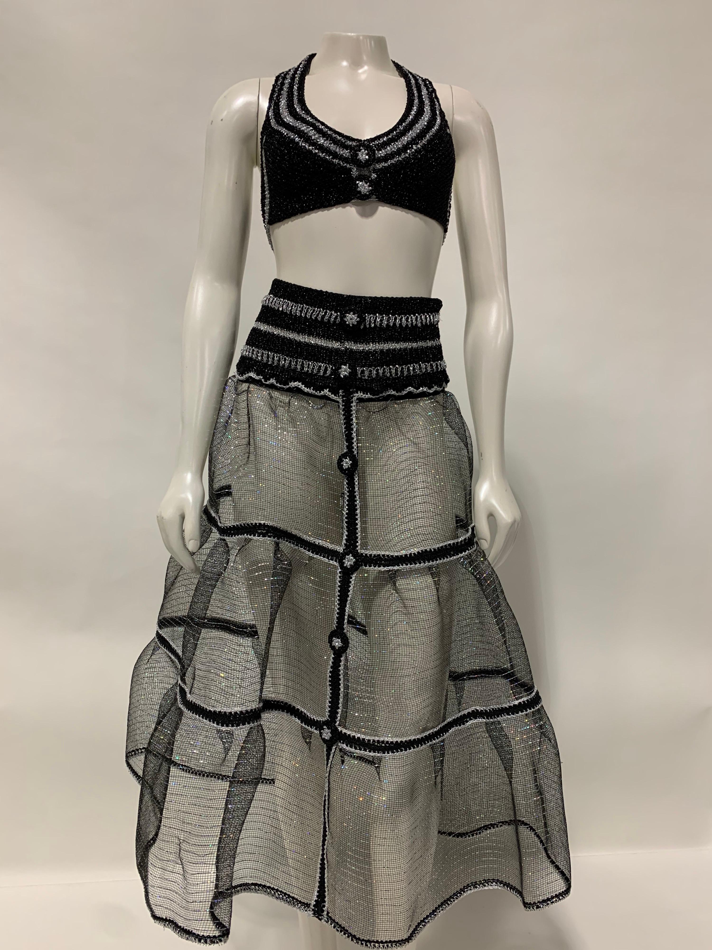 Torso Creations Black & Silver Lurex Knit Bralette & Horsehair Crinoline Set. Hand-knit cutting-edge style in this custom design. One of a kind art to wear with buttons down front of both pieces. Fits size 4-6.