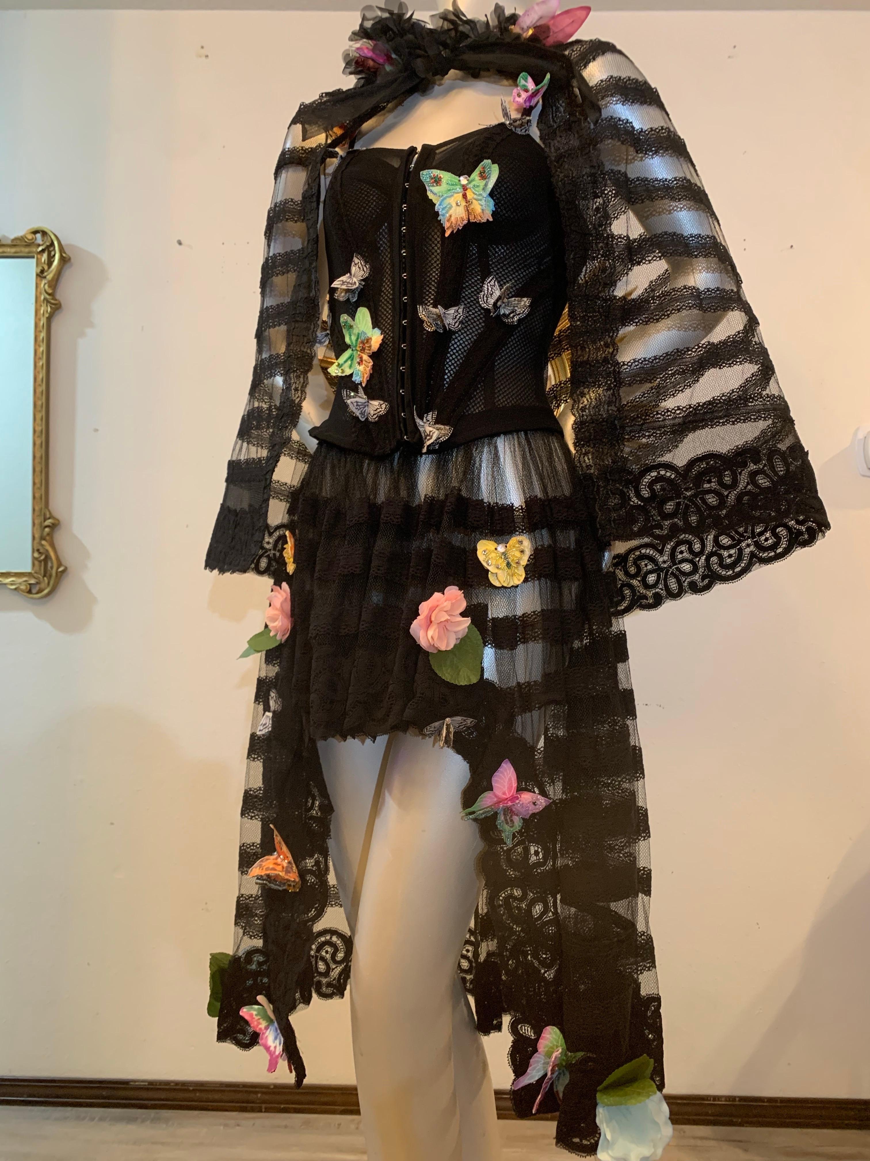 Torso Creations Schwarzes 3-teiliges Korsett aus Tüll und Spitze mit Unter-Dress & Umhang im Zustand „Hervorragend“ im Angebot in Gresham, OR