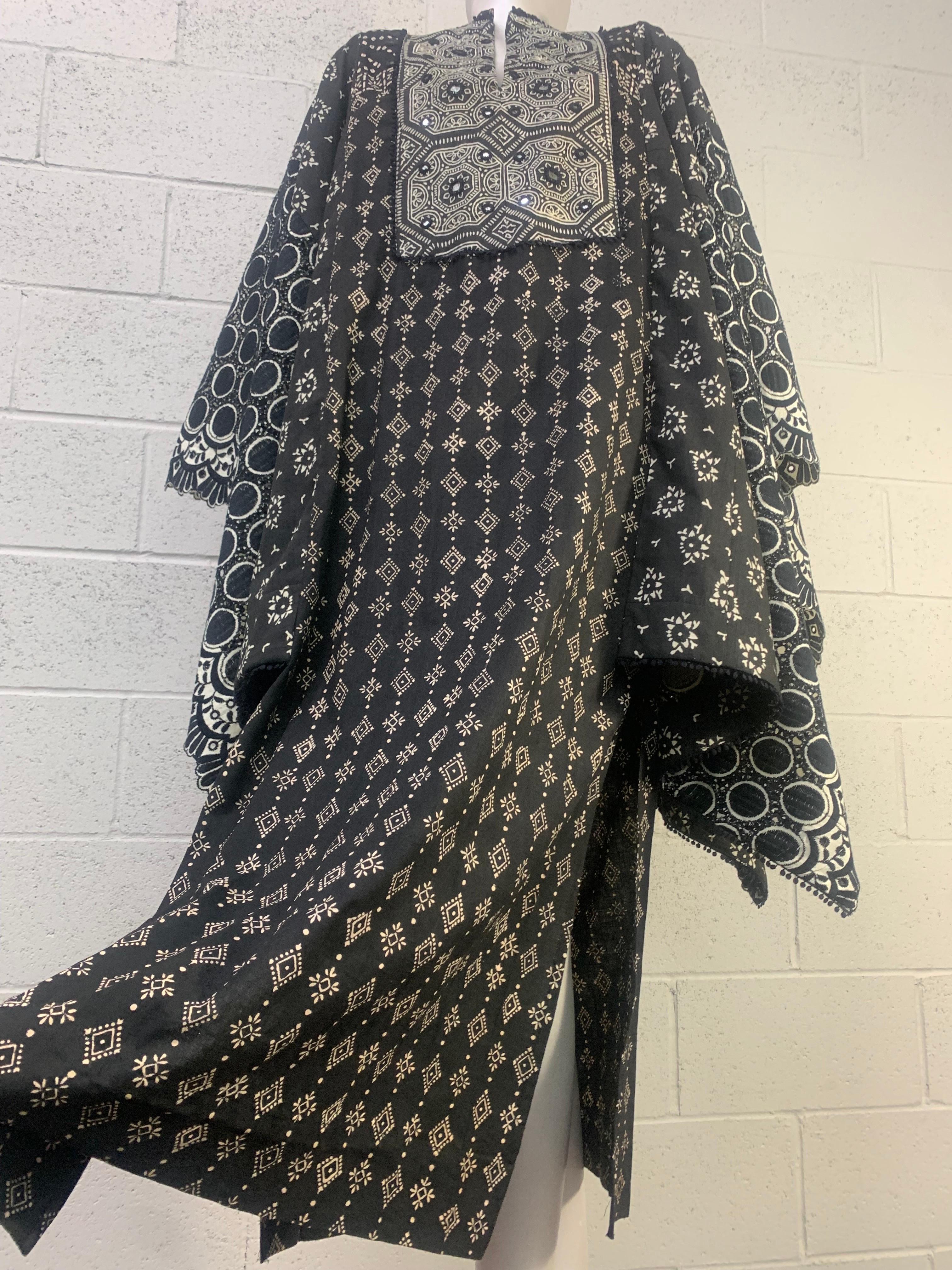 Torso Creations Black & White Block-Printed Caftan w Extravagant Draped Sleeves: Traditional block-printed cotton with center mirror front bib and handkerchief hem sleeves in complimentary patterned panels make a statement. Unlined. Back Zipper. US