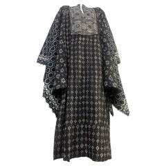 Torso Creations Black & White Block-Printed Caftan w Extravagant Draped Sleeves