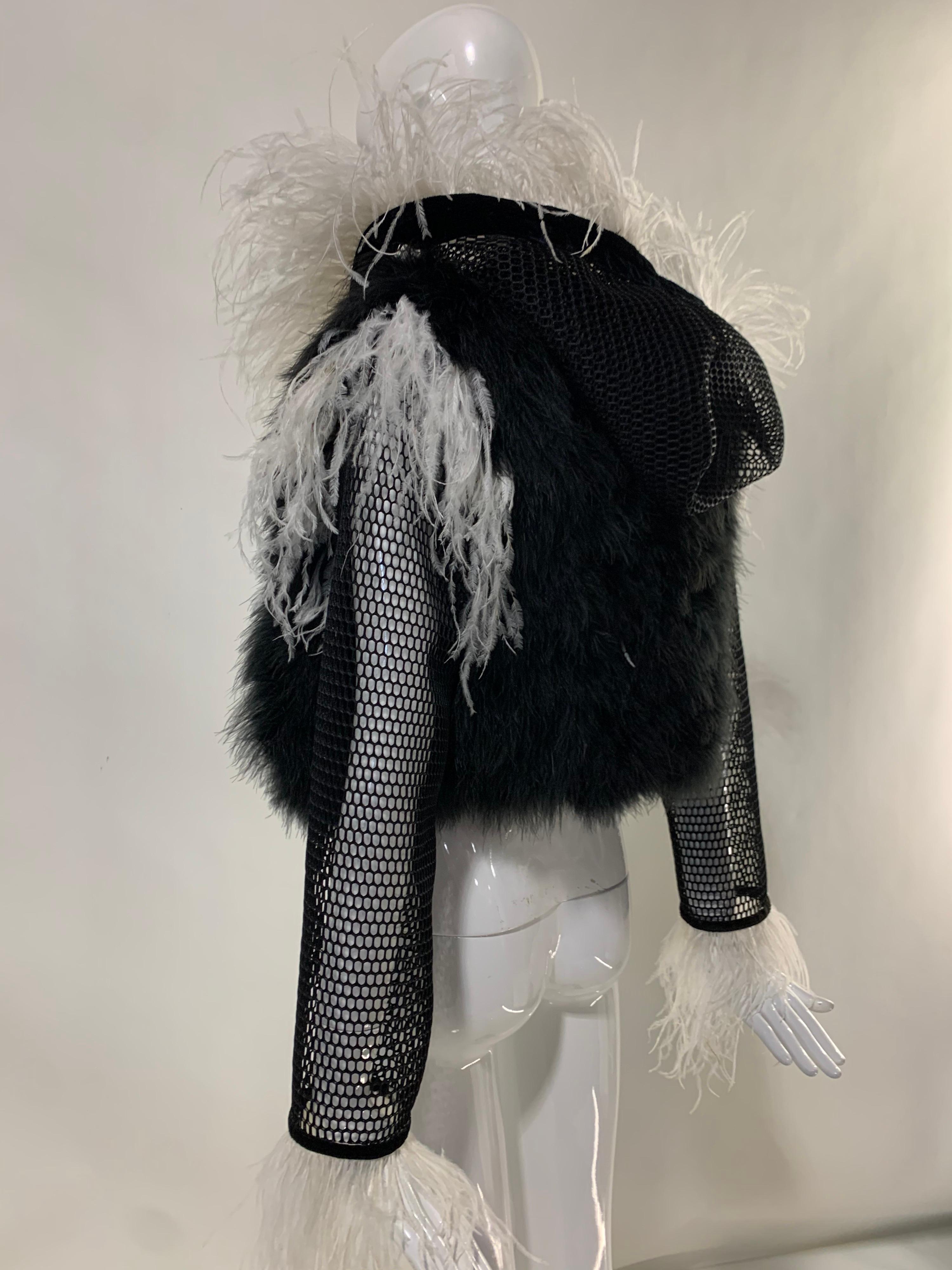 Torso Creations Black & White Ostrich Feather and Black Mesh Hoodie  For Sale 5