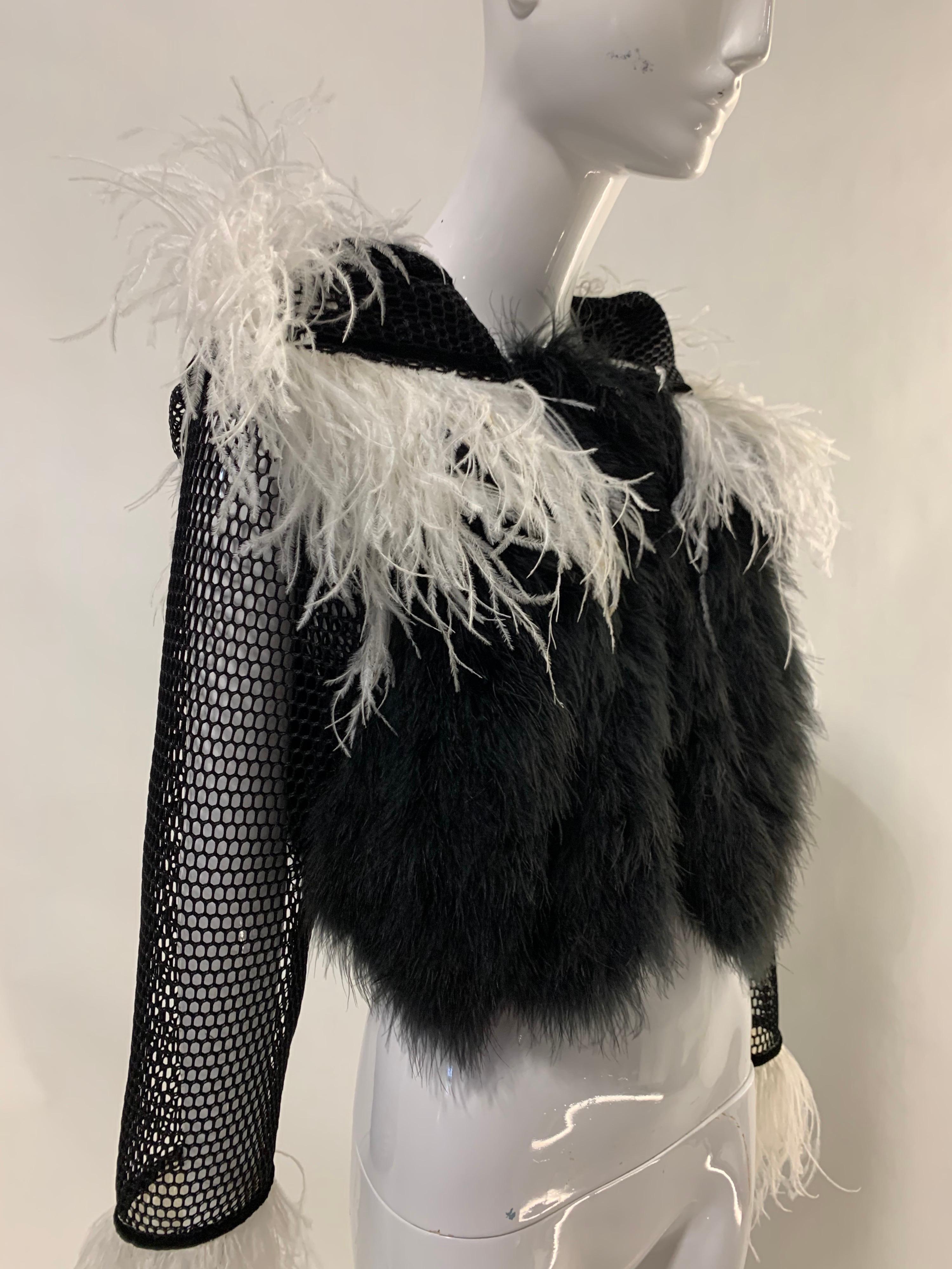 Torso Creations Black & White Ostrich Feather and Black Mesh Hoodie For Sale 7