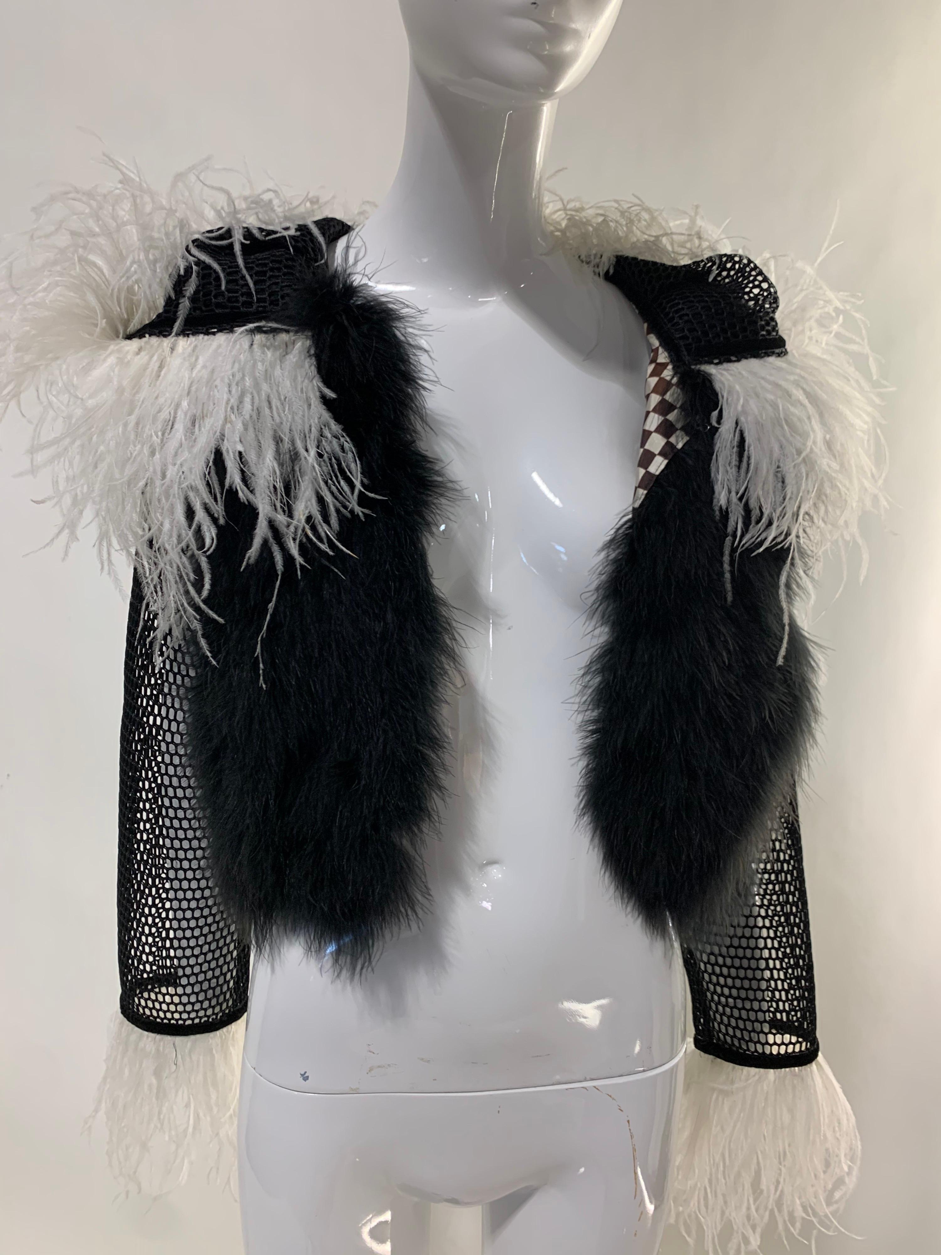 Torso Creations Black & White Ostrich Feather and Black Mesh Hoodie For Sale 1