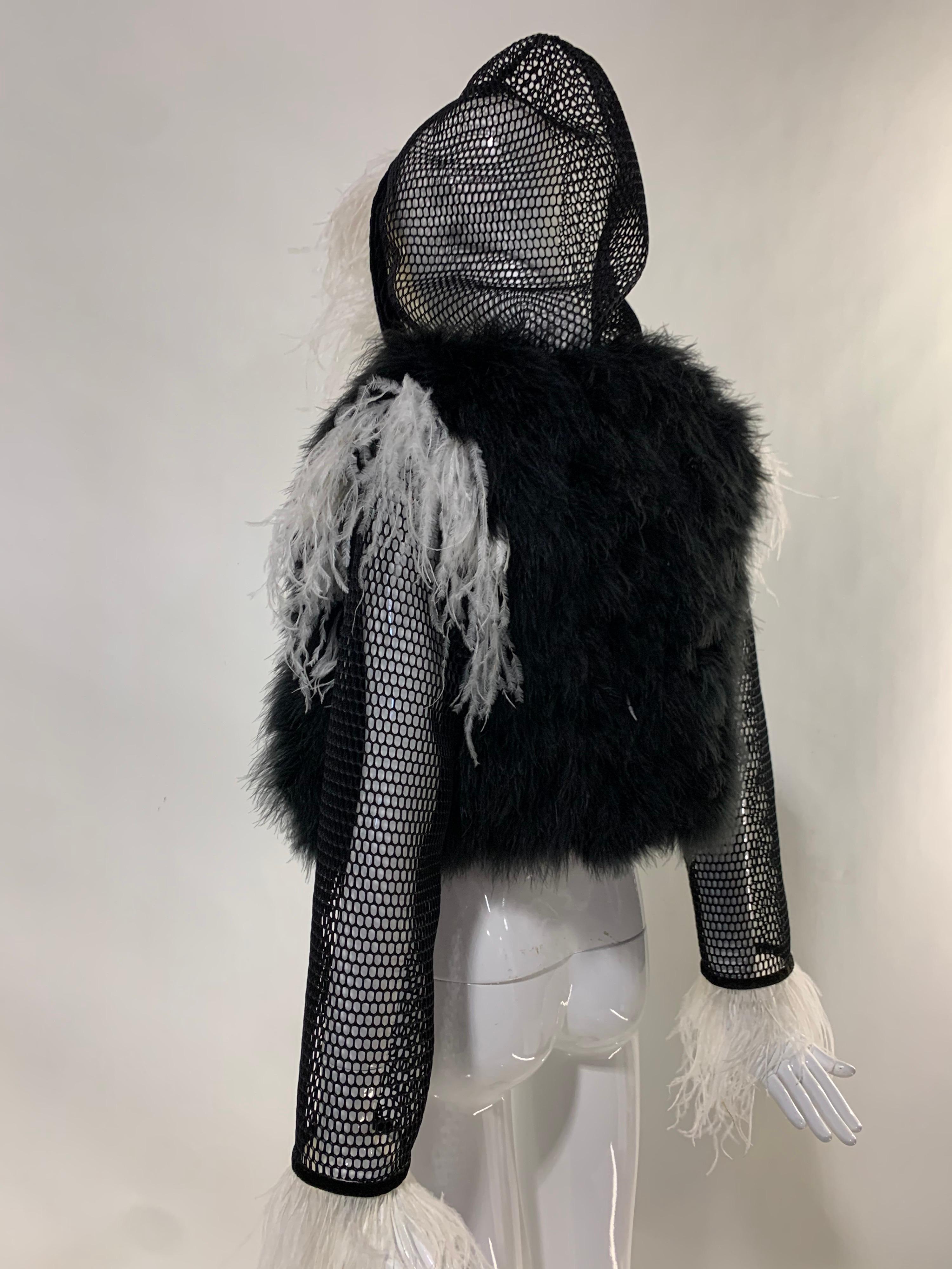 Torso Creations Black & White Ostrich Feather and Black Mesh Hoodie For Sale 2