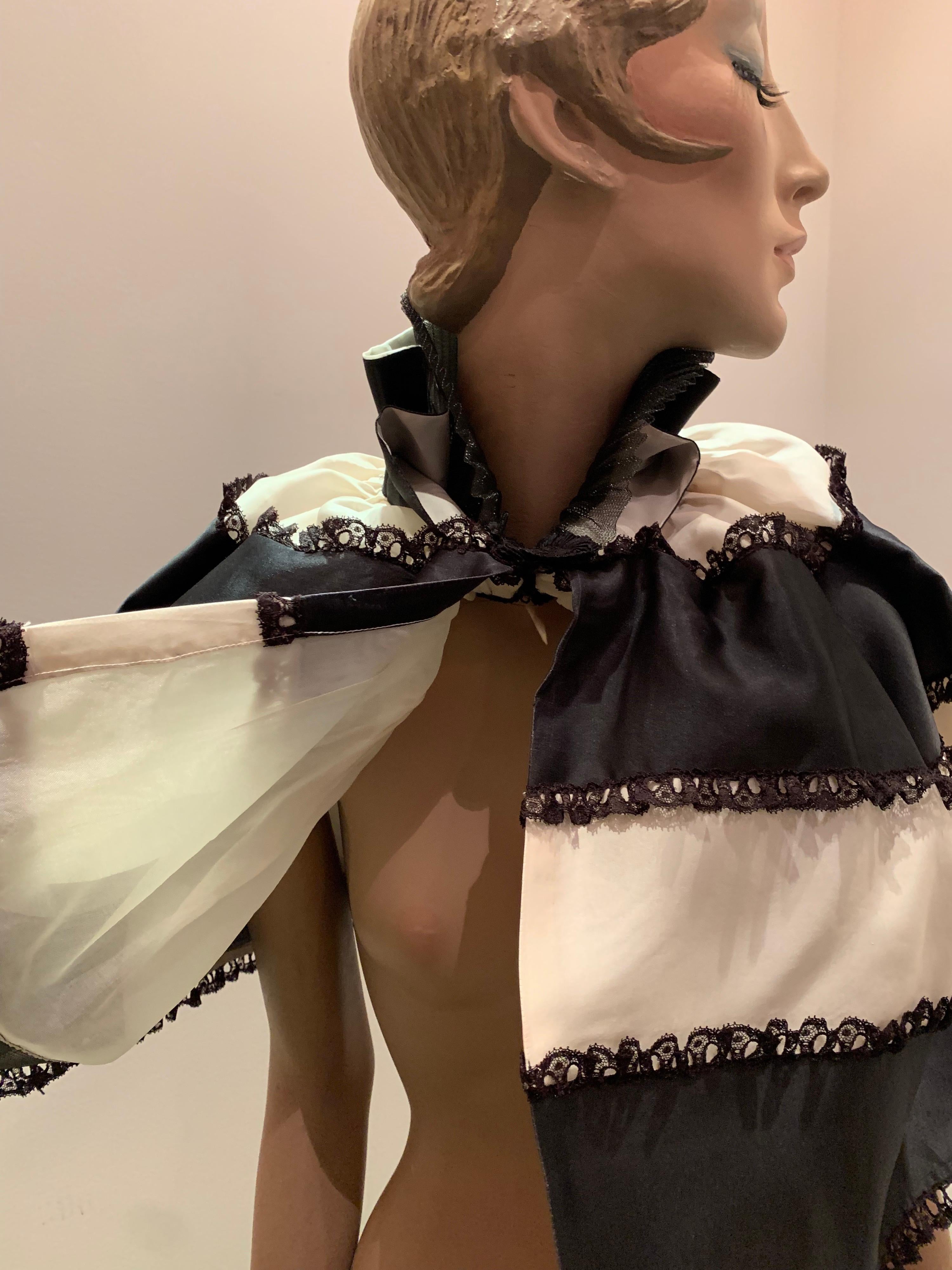 Torso Creations Black & White Silk Satin Ribbon Organza and Lace Tiered Capelet For Sale 2