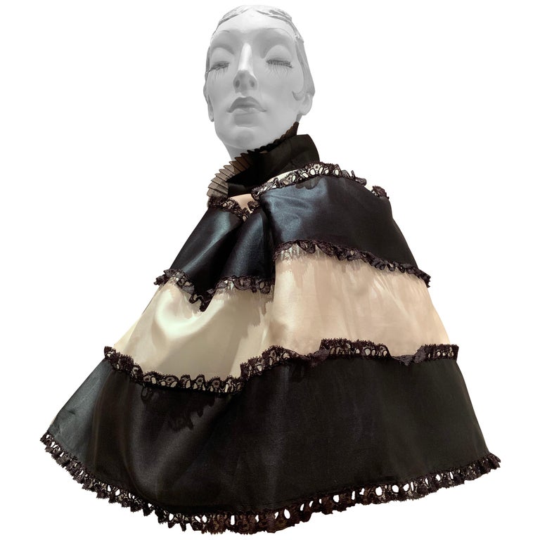 Torso Creations Black & White Silk Satin Ribbon Organza and Lace Tiered Capelet For Sale
