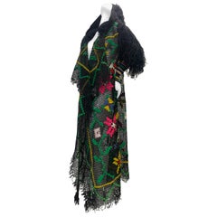 Retro Torso Creations Black Woven & Embroidered Hooded Fringe Boho Maxi Style Duster