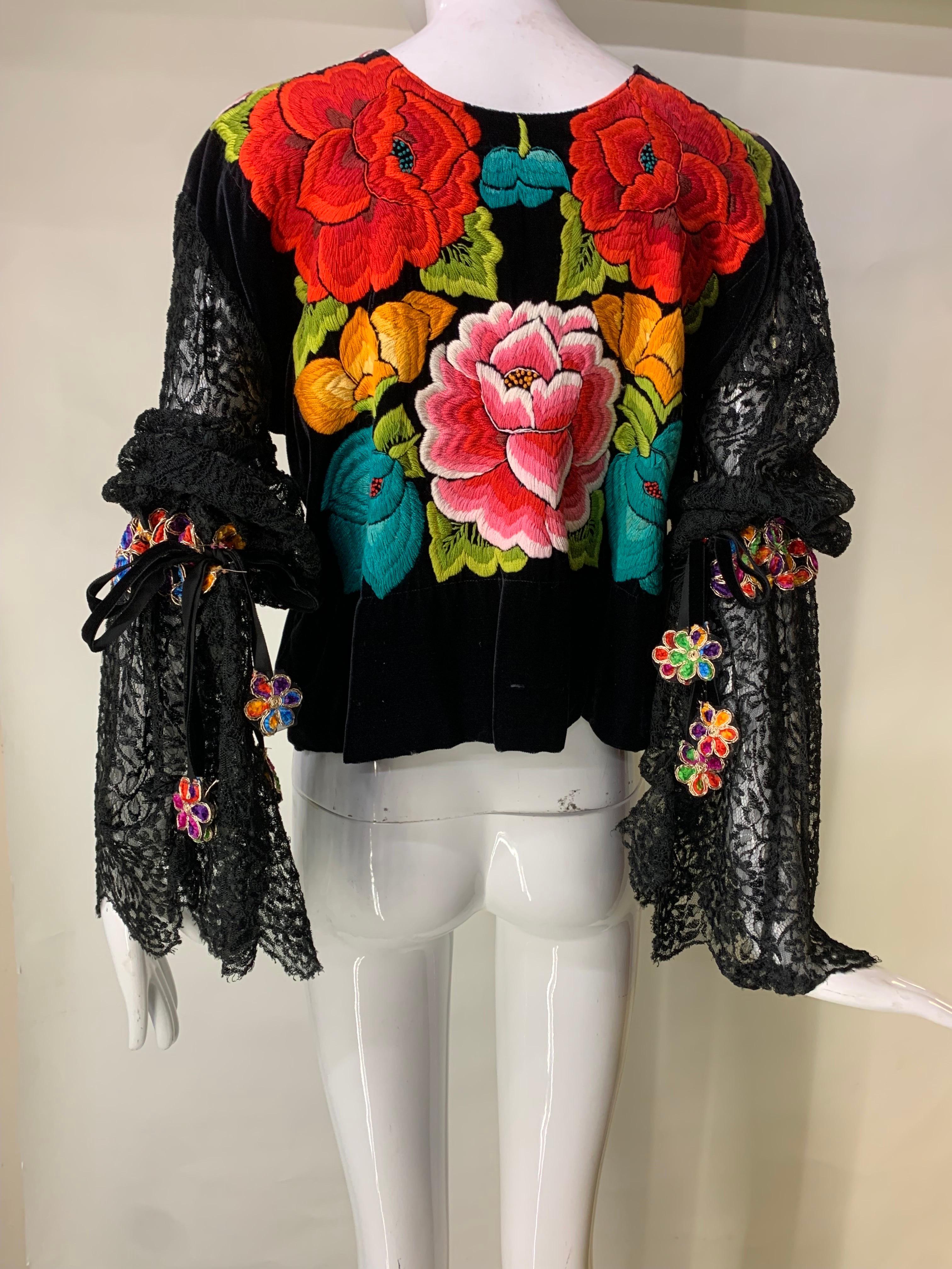 Torso Creations Boho Floral Embroidered Black Velvet Blouse w Gathered Lace Cuff For Sale 6