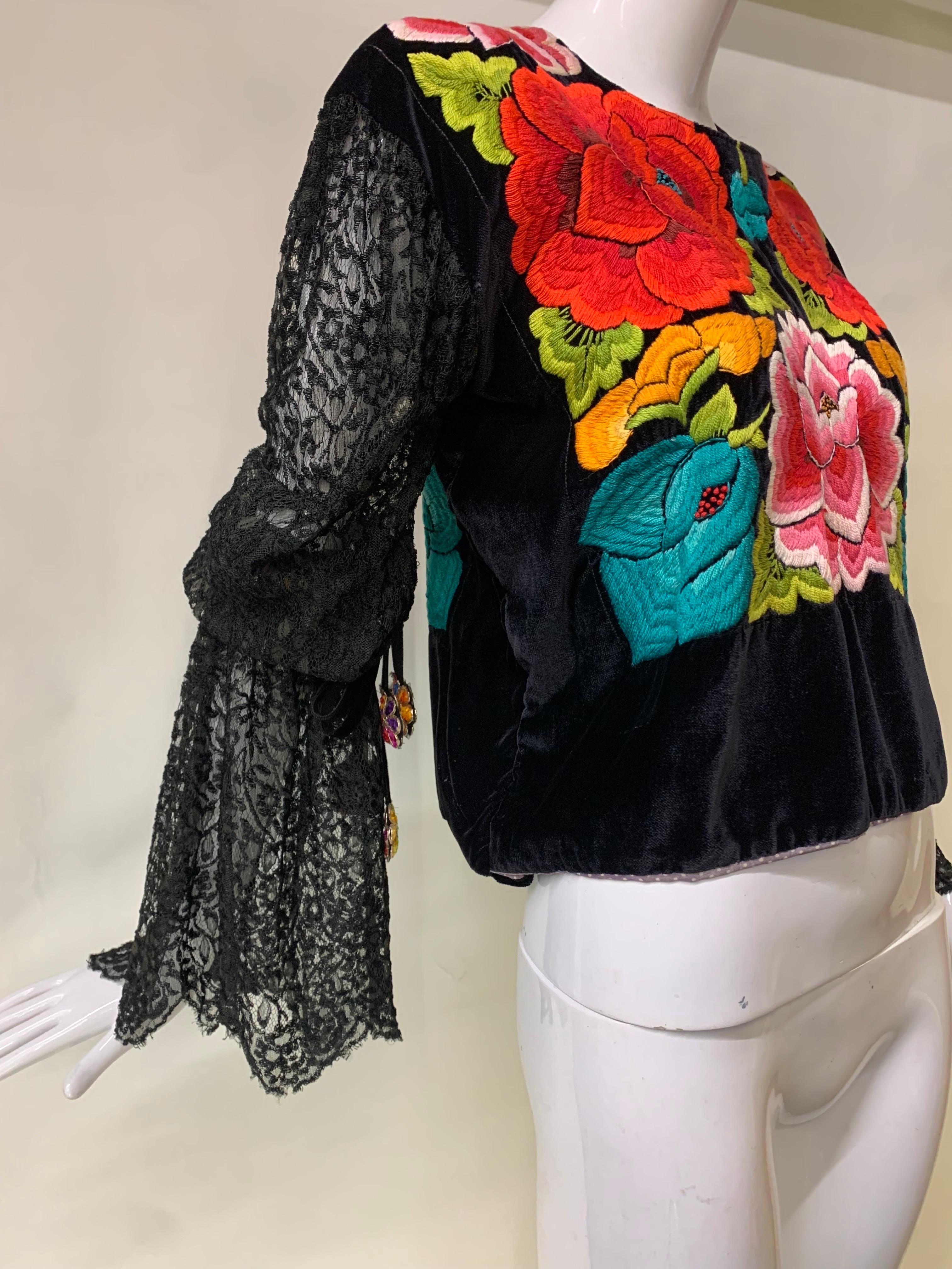 Torso Creations Boho Floral Embroidered Black Velvet Blouse w Gathered Lace Cuff For Sale 11