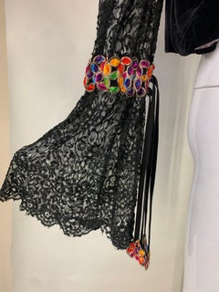 Torso Creations Boho Floral Embroidered Black Velvet Blouse w Gathered Lace Cuff