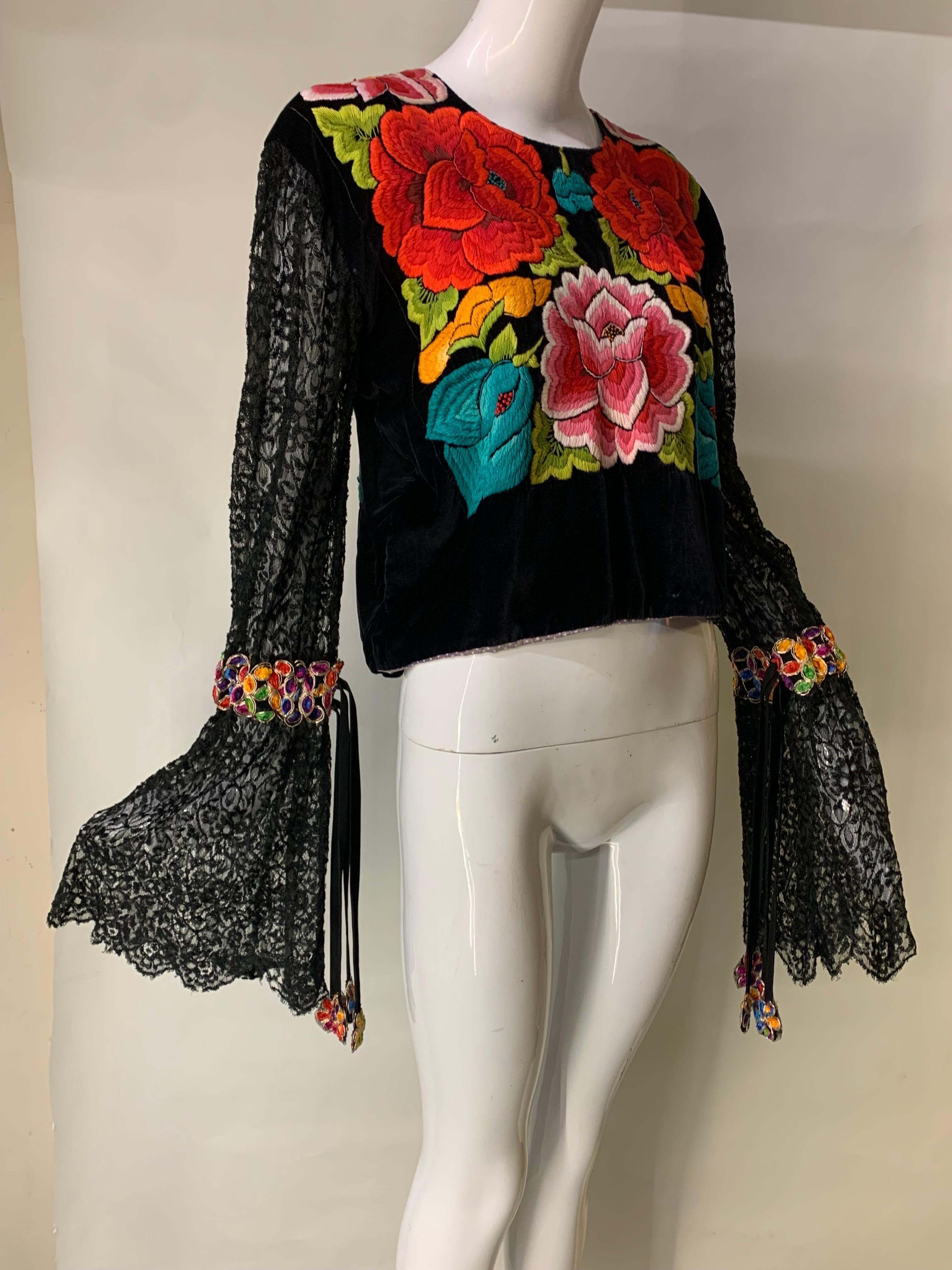 Torso Creations Boho Floral Embroidered Black Velvet Blouse w Gathered Lace Cuff For Sale 2