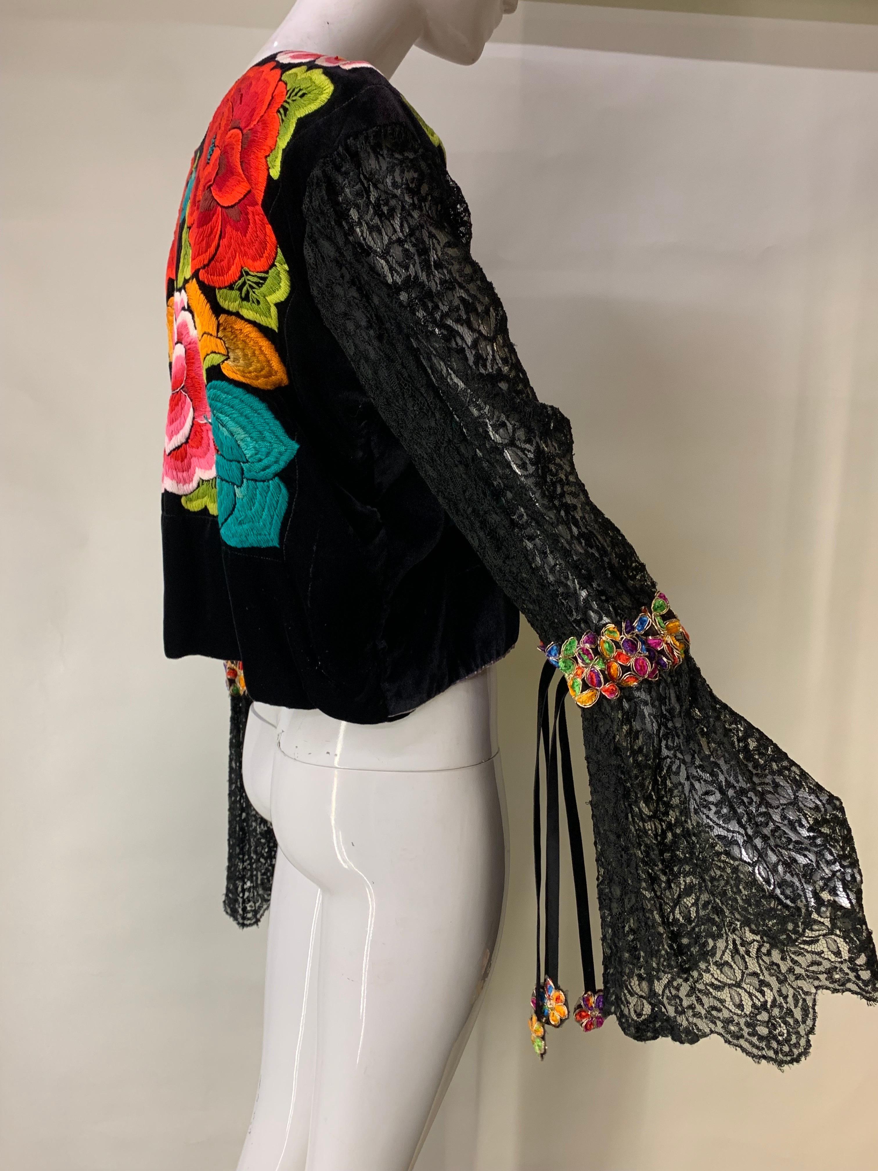 Torso Creations Boho Floral Embroidered Black Velvet Blouse w Gathered Lace Cuff For Sale 3