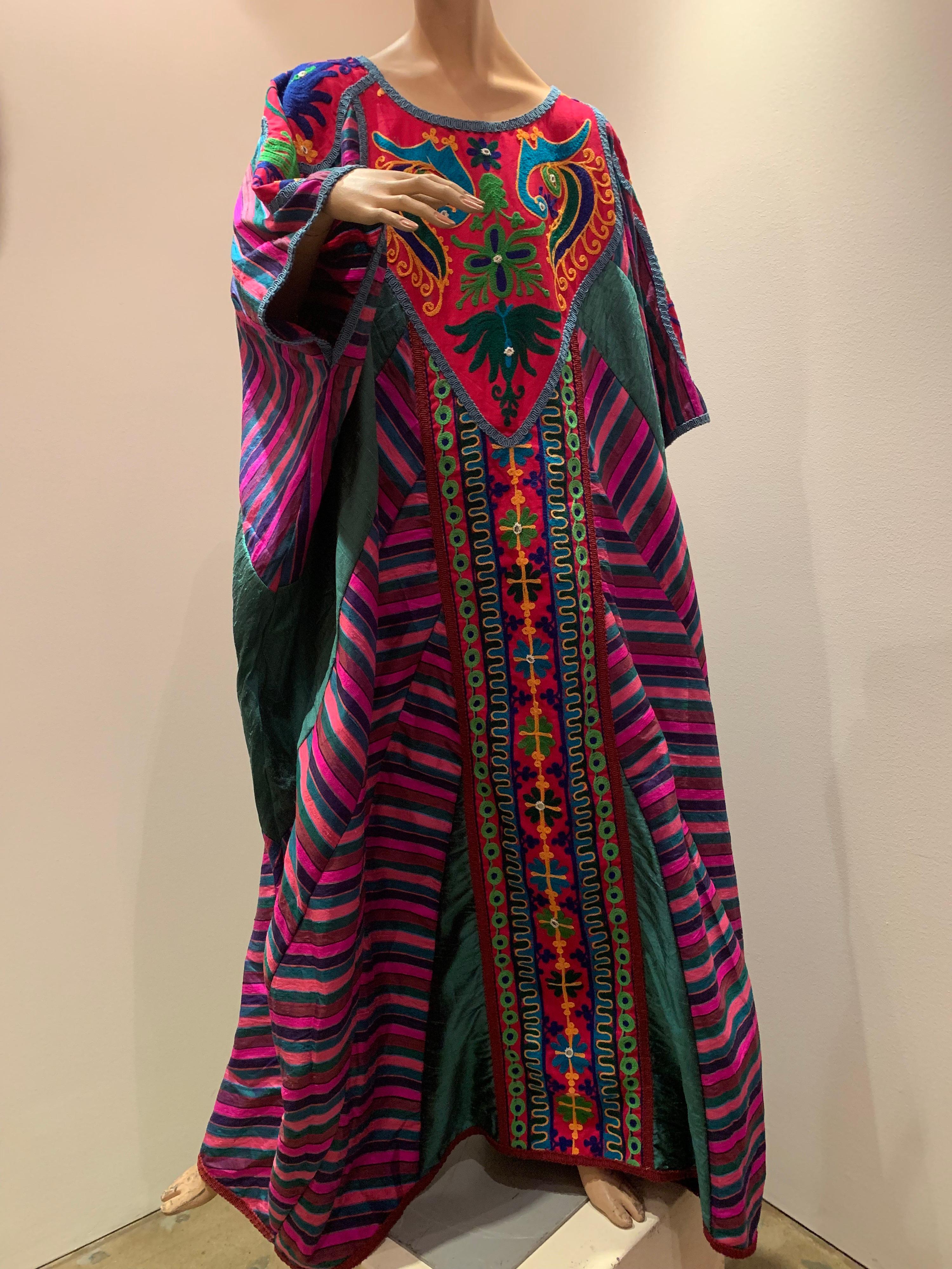 Torso Creations Caftan Of Mexican Embroidered Cotton & Striped Thai Silk 4