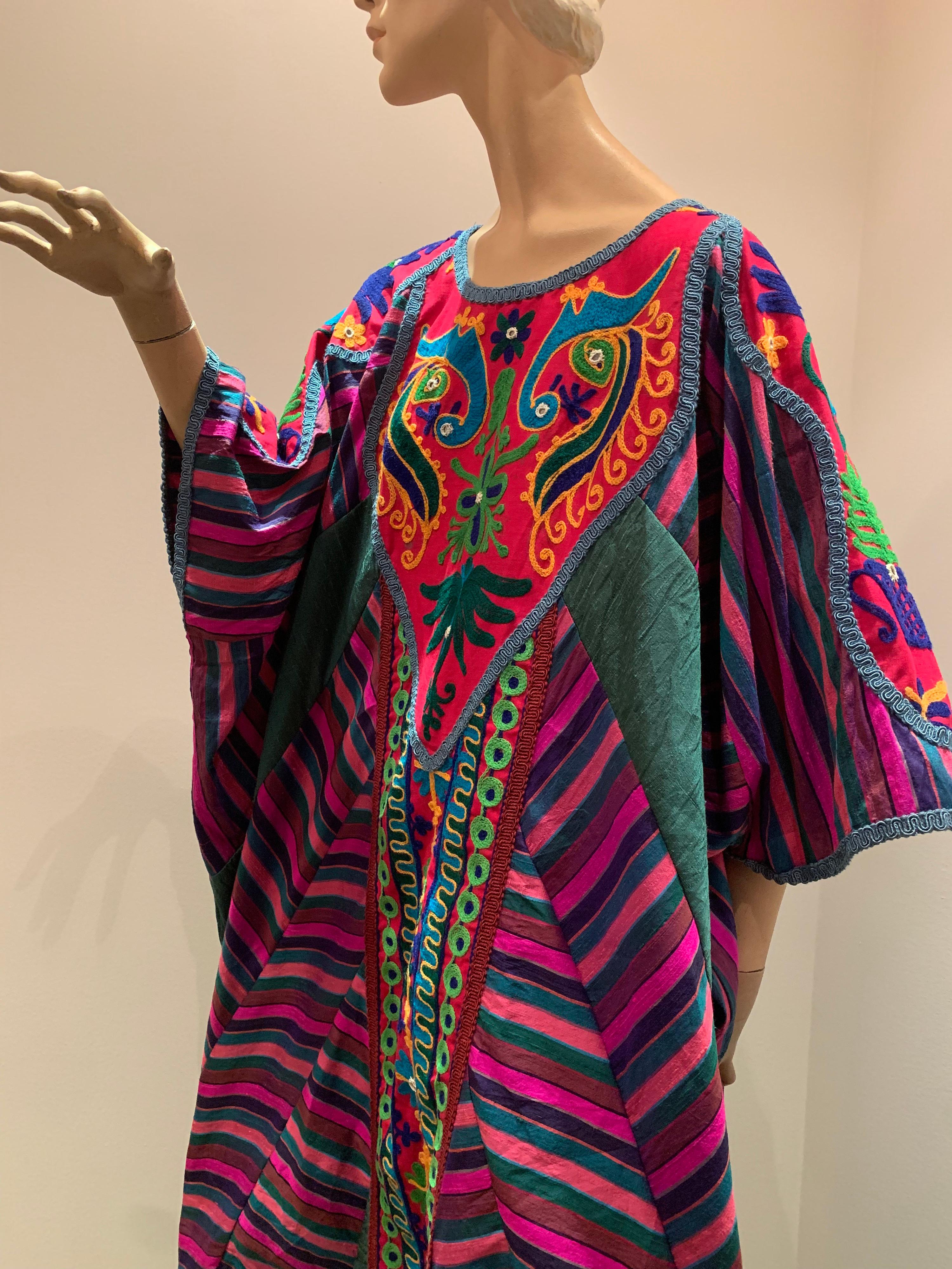 Torso Creations Caftan Of Mexican Embroidered Cotton & Striped Thai Silk In Excellent Condition In Gresham, OR