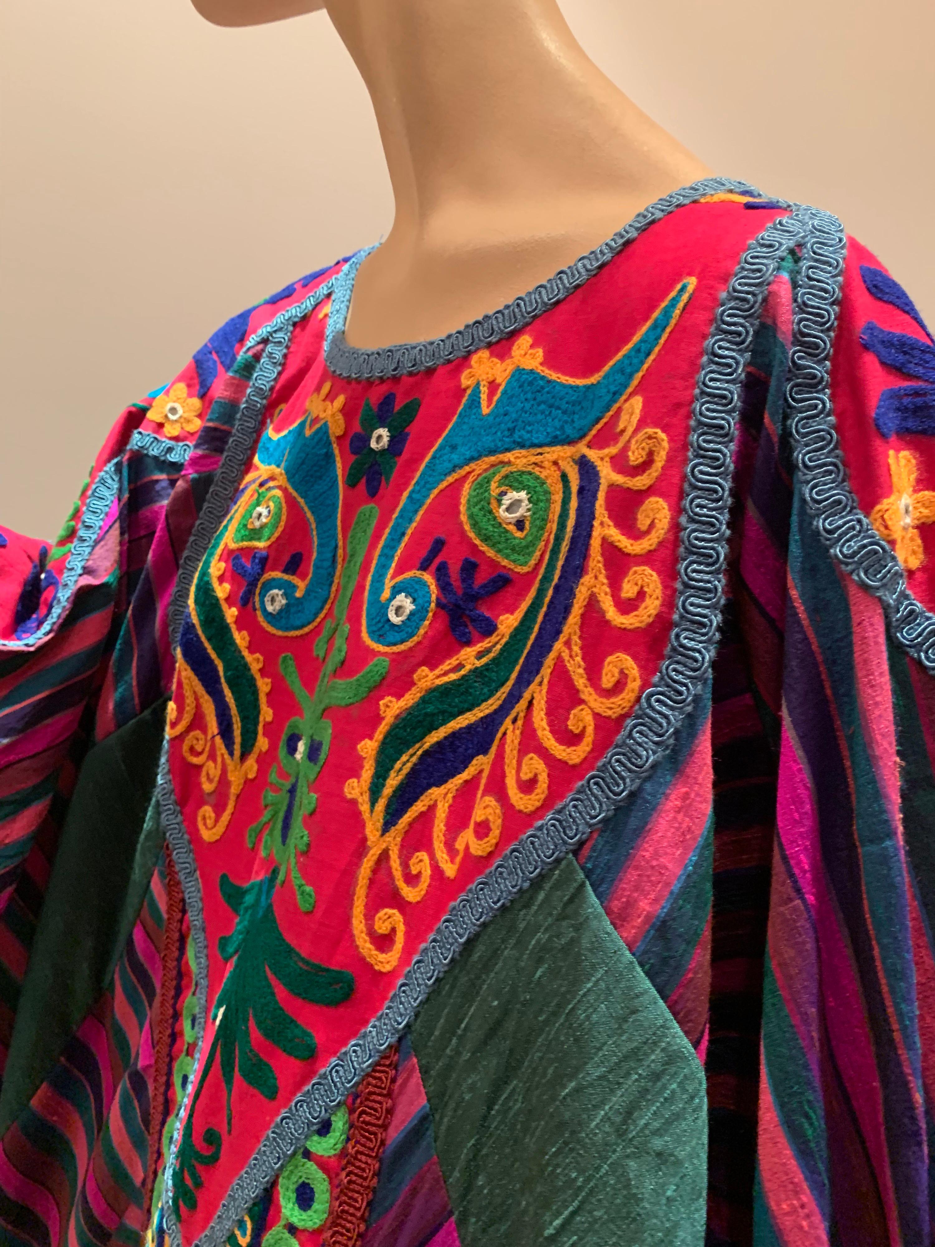 Women's or Men's Torso Creations Caftan Of Mexican Embroidered Cotton & Striped Thai Silk