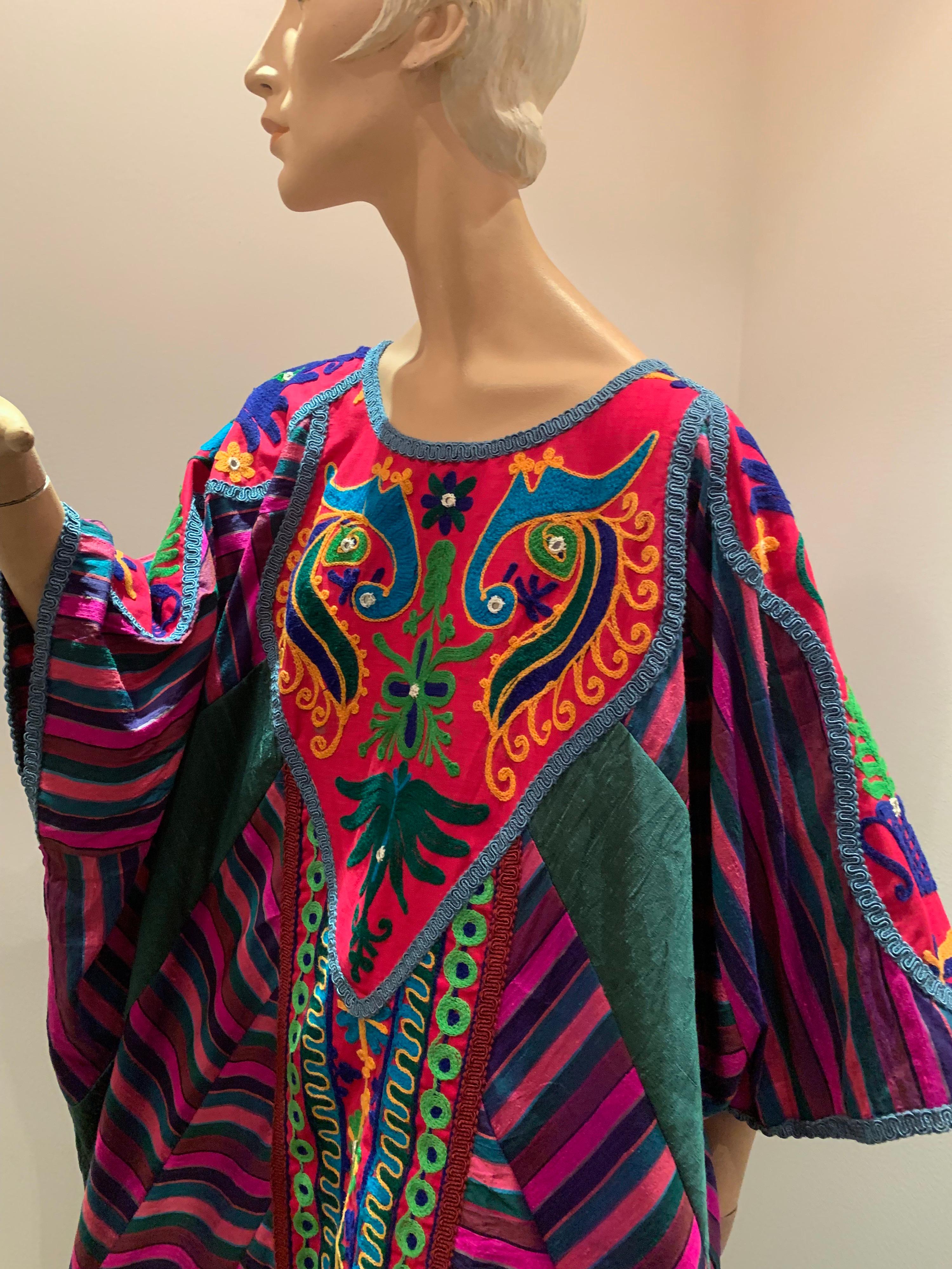 Torso Creations Caftan Of Mexican Embroidered Cotton & Striped Thai Silk 1