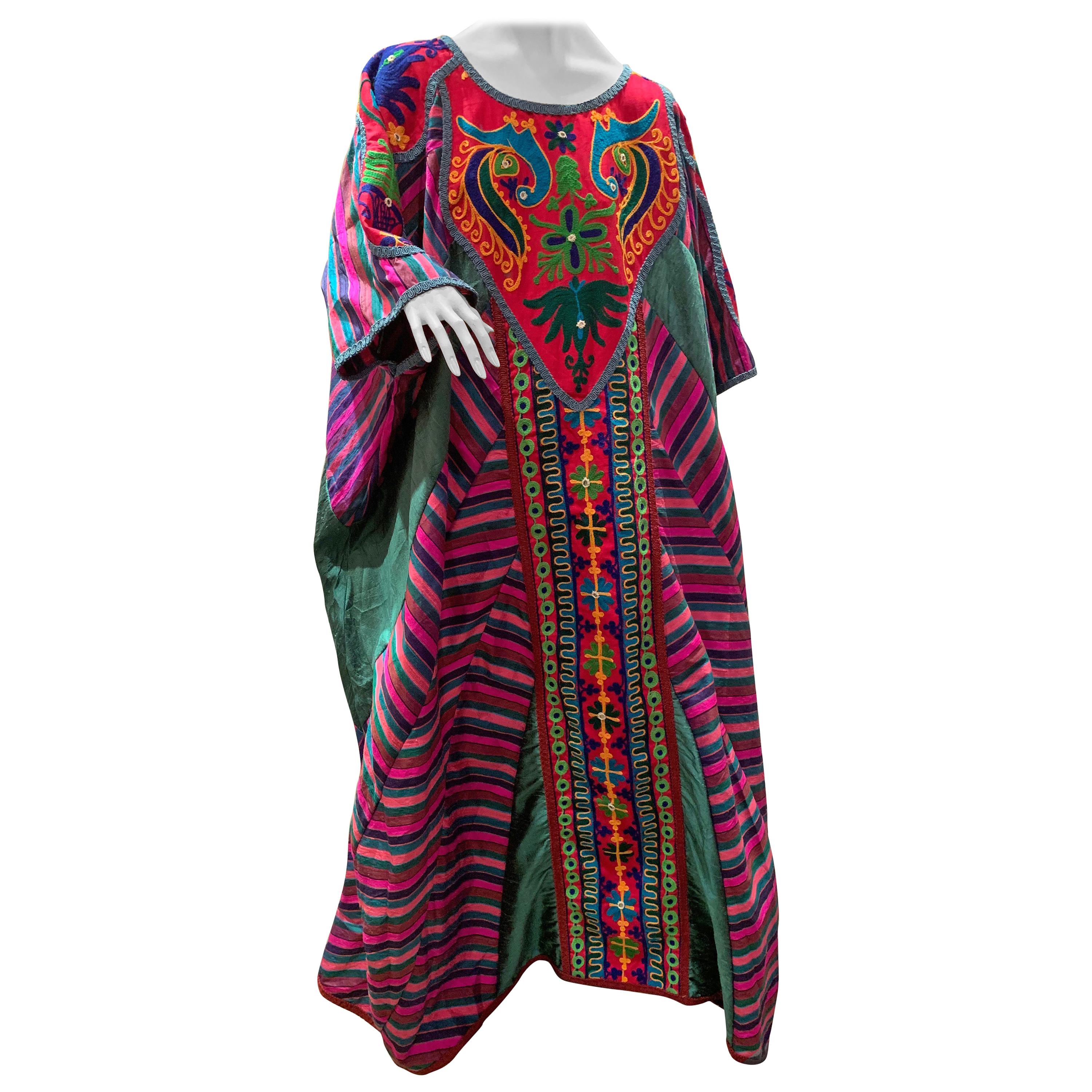 Torso Creations Caftan Of Mexican Embroidered Cotton & Striped Thai Silk