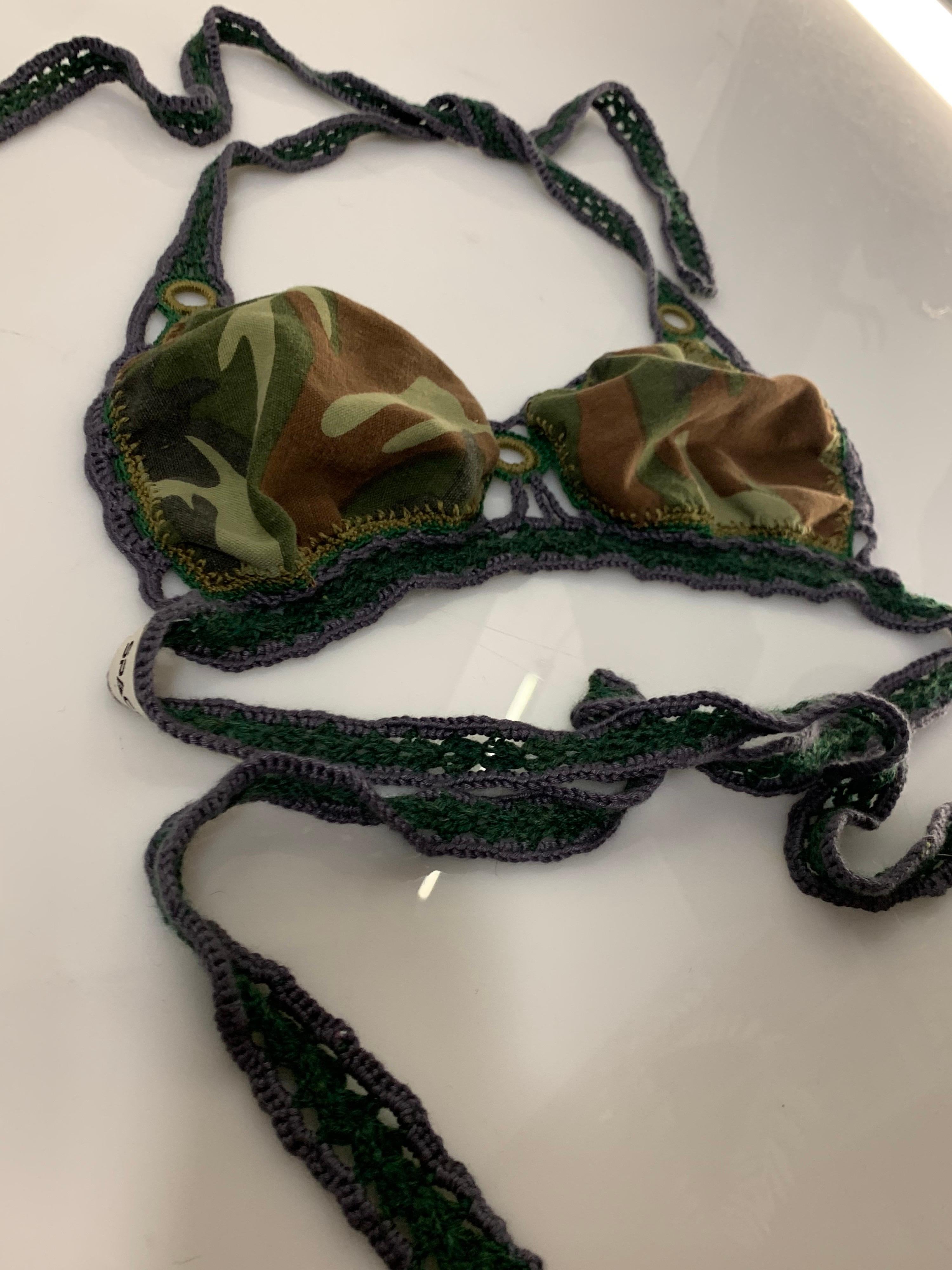 Torso Creations Camo Print Cotton & Hand-Crochet Halter Bralette  For Sale 2