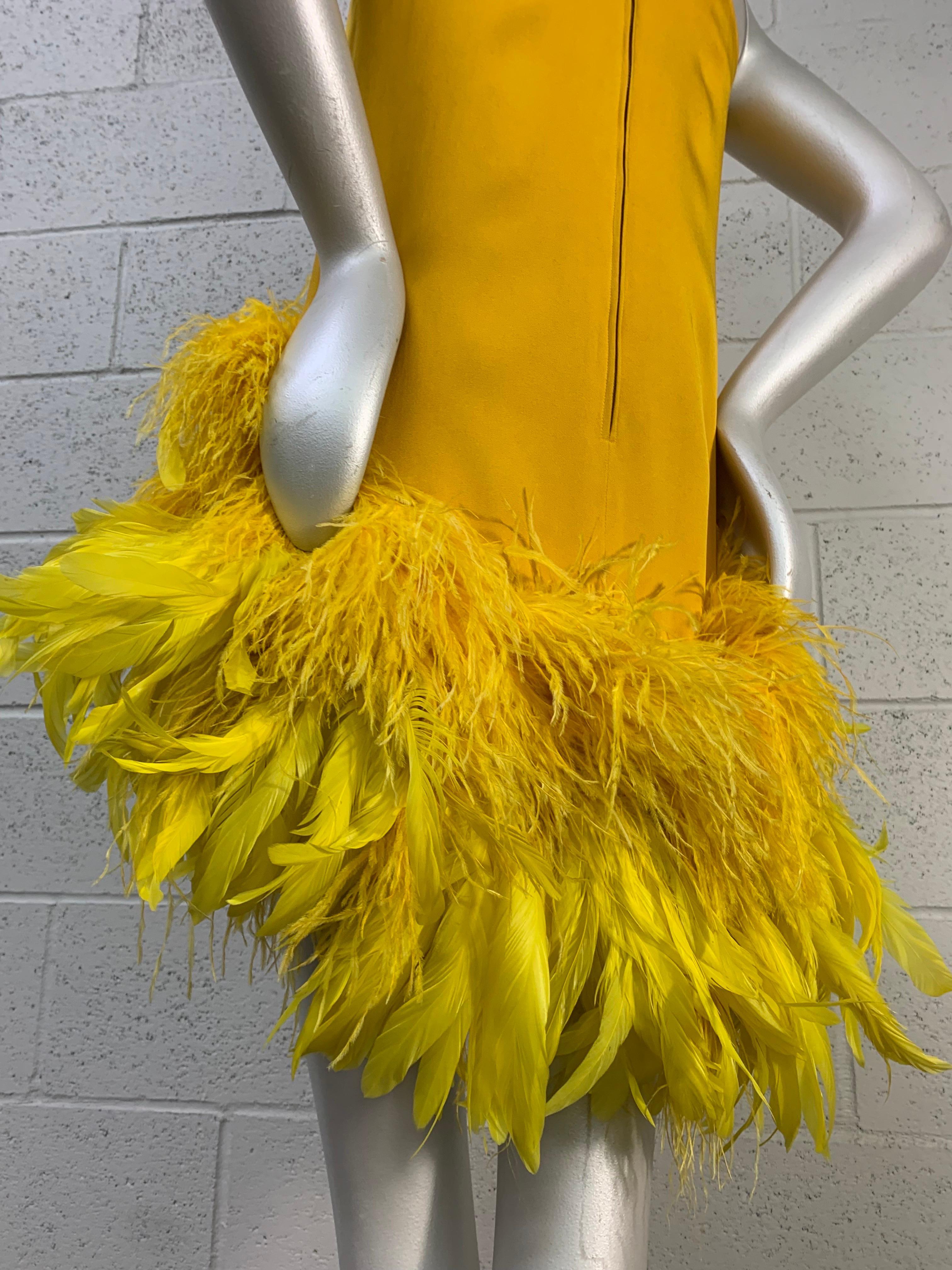 Torso Creations Canary Silk Crepe Micro-Mini Dress w Extravagant Ostrich Trim For Sale 5