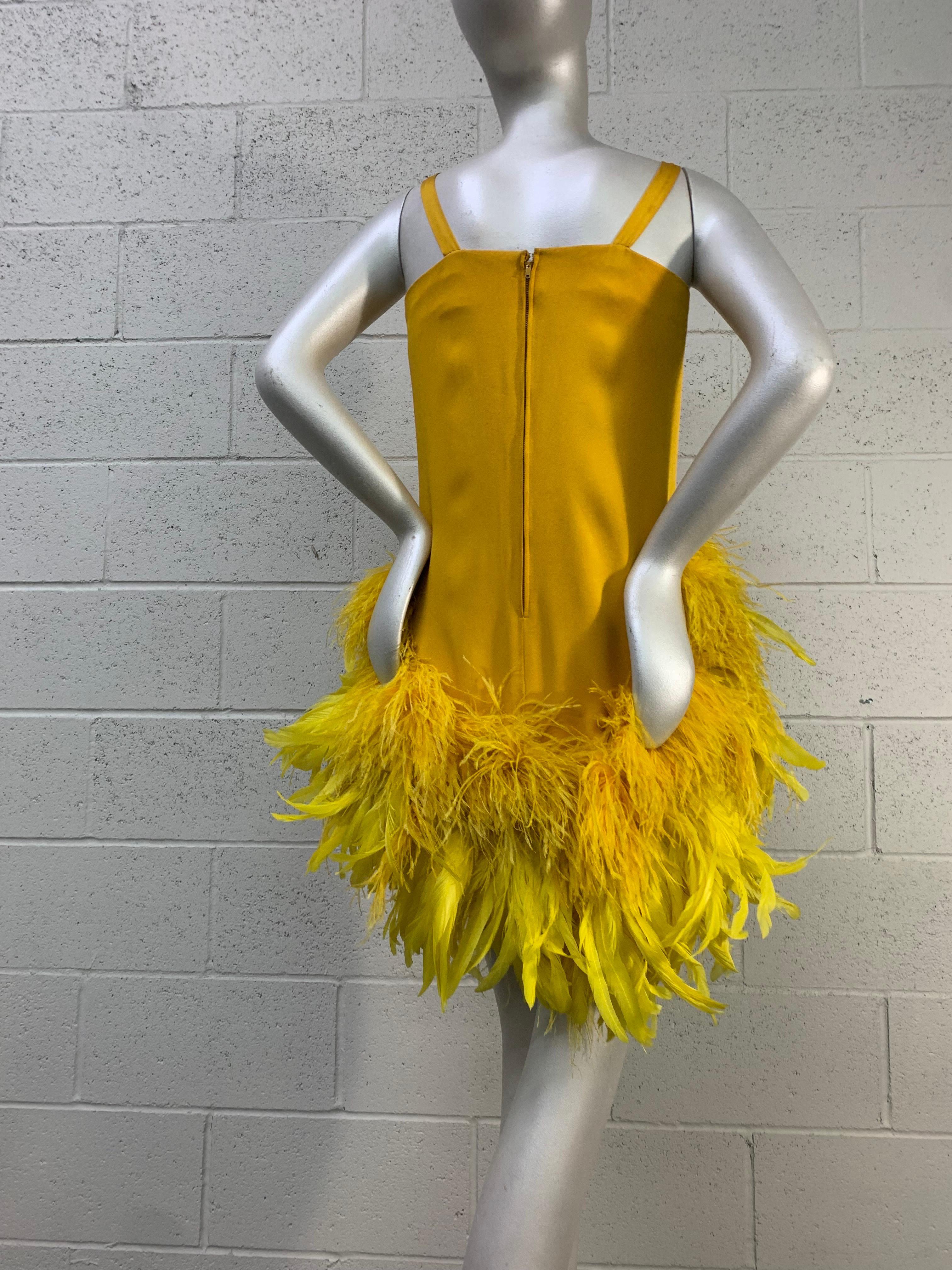 Torso Creations Canary Silk Crepe Micro-Mini Dress w Extravagant Ostrich Trim For Sale 7