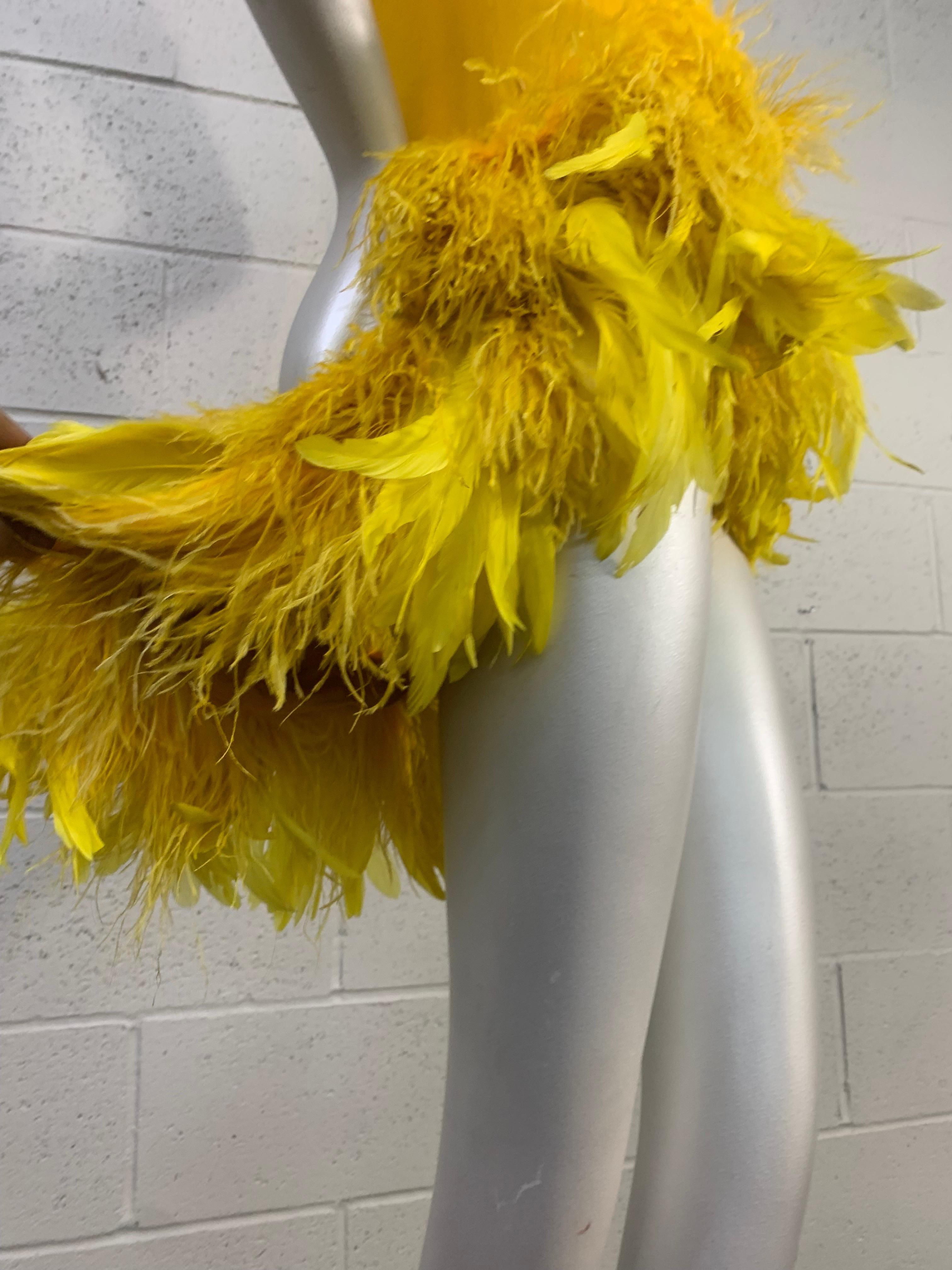 Torso Creations Canary Silk Crepe Micro-Mini Dress w Extravagant Ostrich Trim For Sale 8
