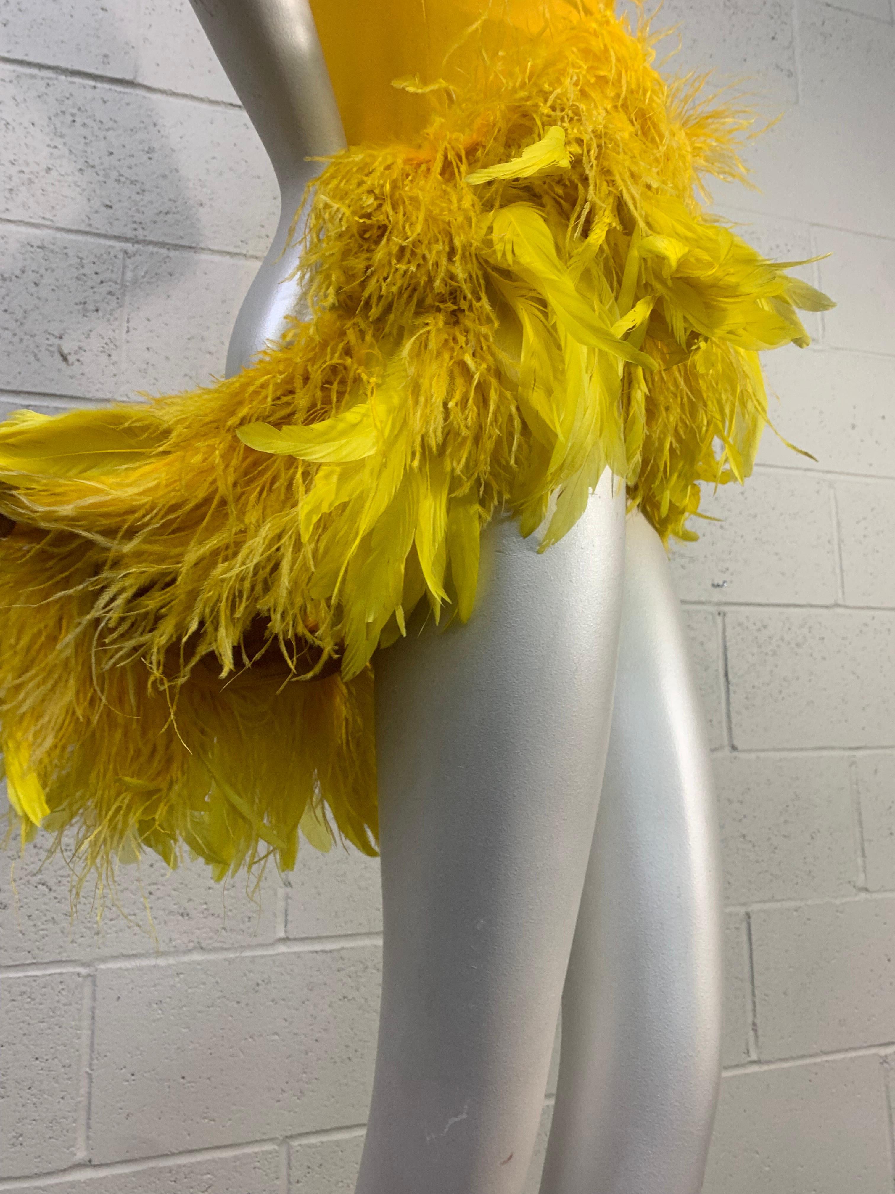 Torso Creations Canary Silk Crepe Micro-Mini Dress w Extravagant Ostrich Trim For Sale 9