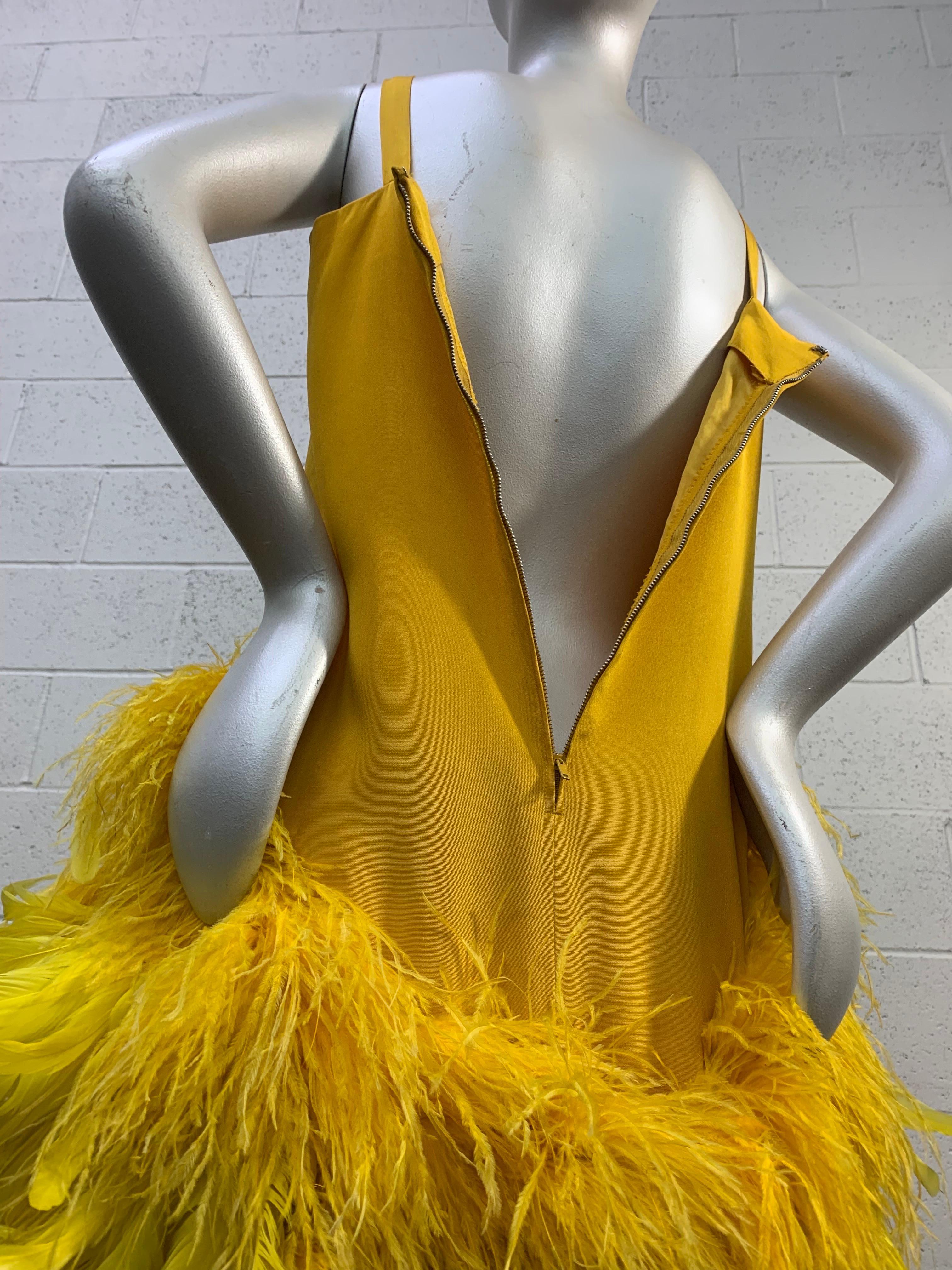 Torso Creations Canary Silk Crepe Micro-Mini Dress w Extravagant Ostrich Trim For Sale 10