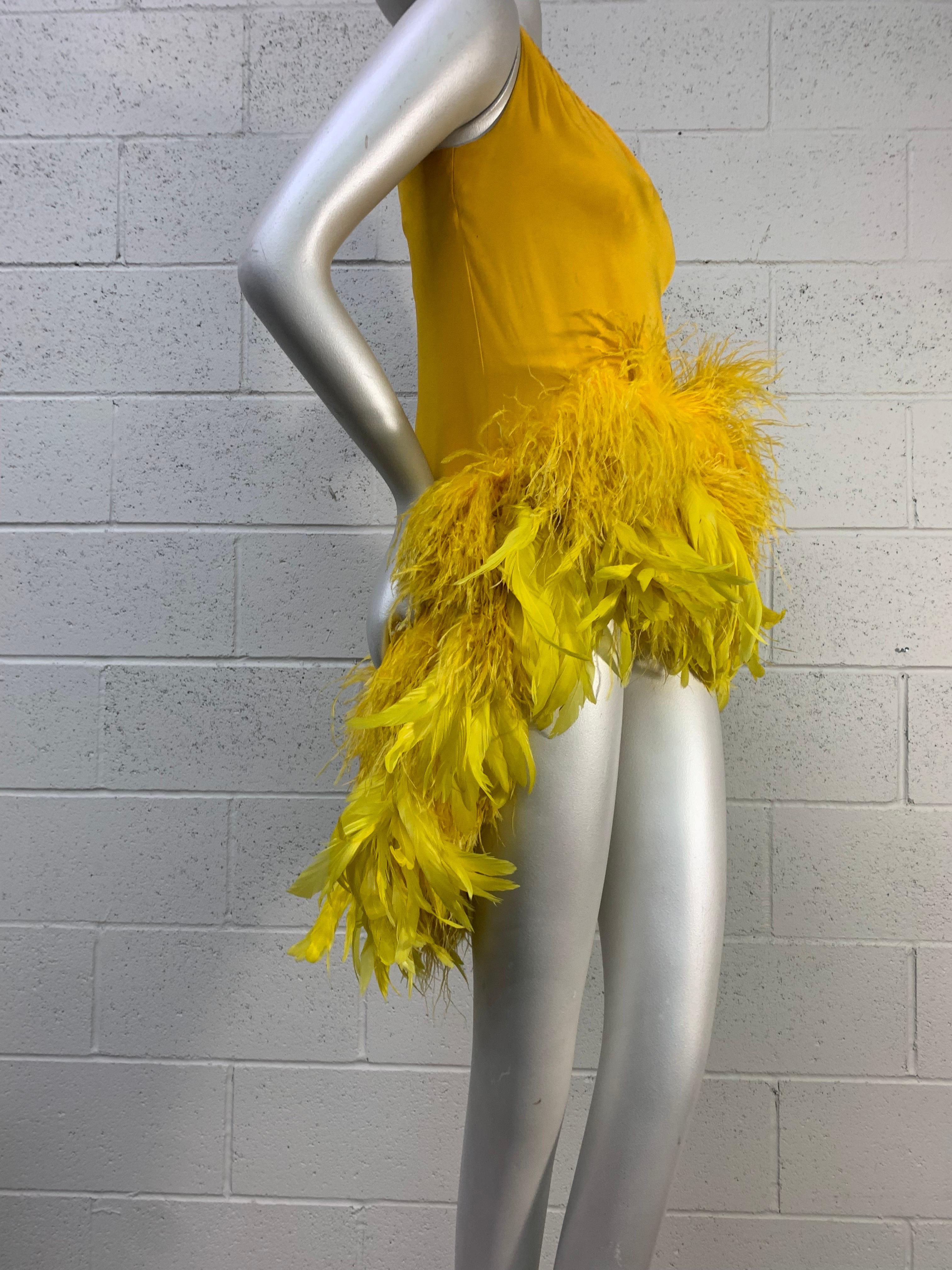 Torso Creations Canary Silk Crepe Micro-Mini Dress w Extravagant Ostrich Trim:  Tank cut neck, fully lined and zippered back. Would be perfect for any costume ball!  US size 4-6. 