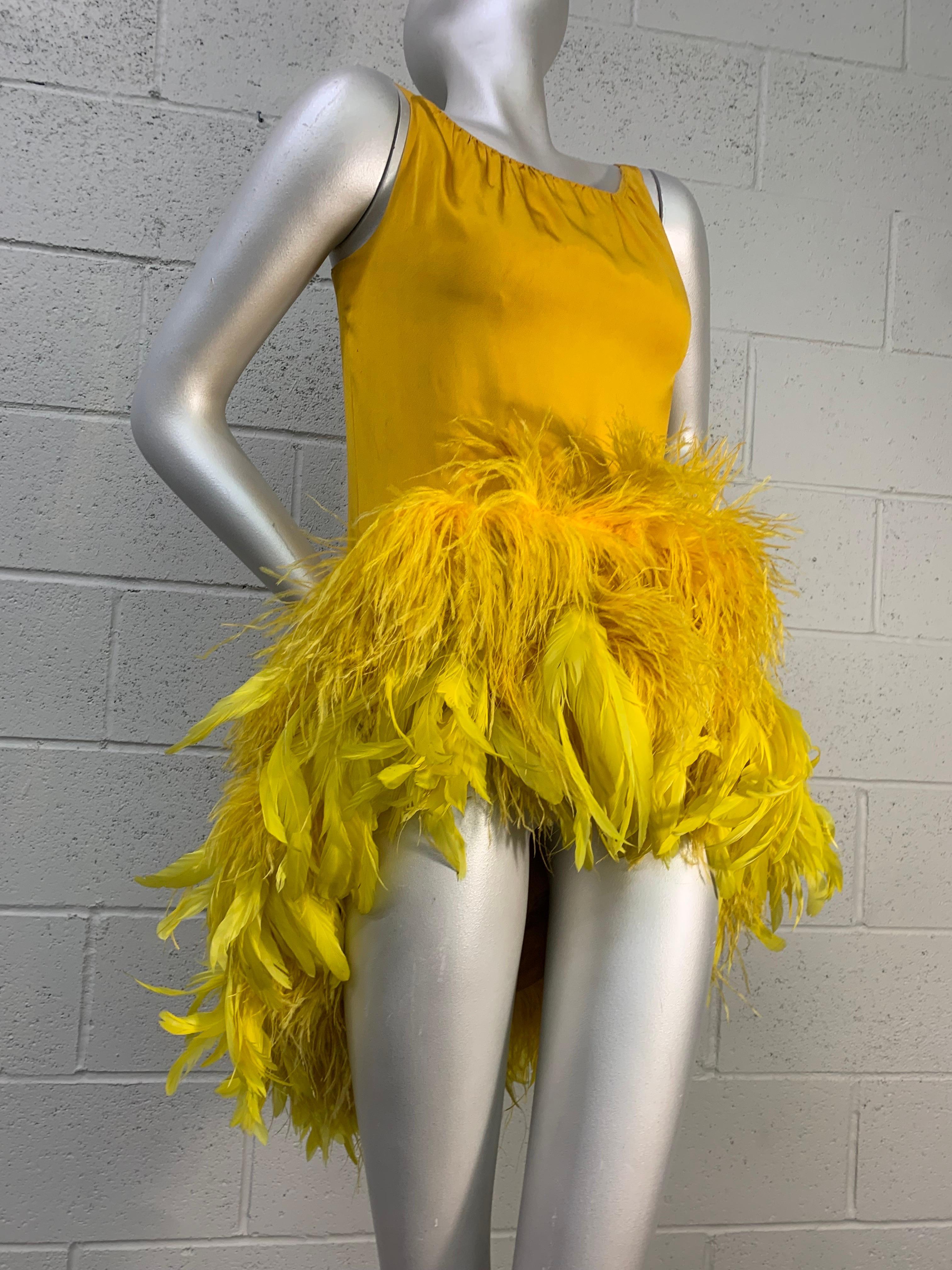 Brown Torso Creations Canary Silk Crepe Micro-Mini Dress w Extravagant Ostrich Trim For Sale