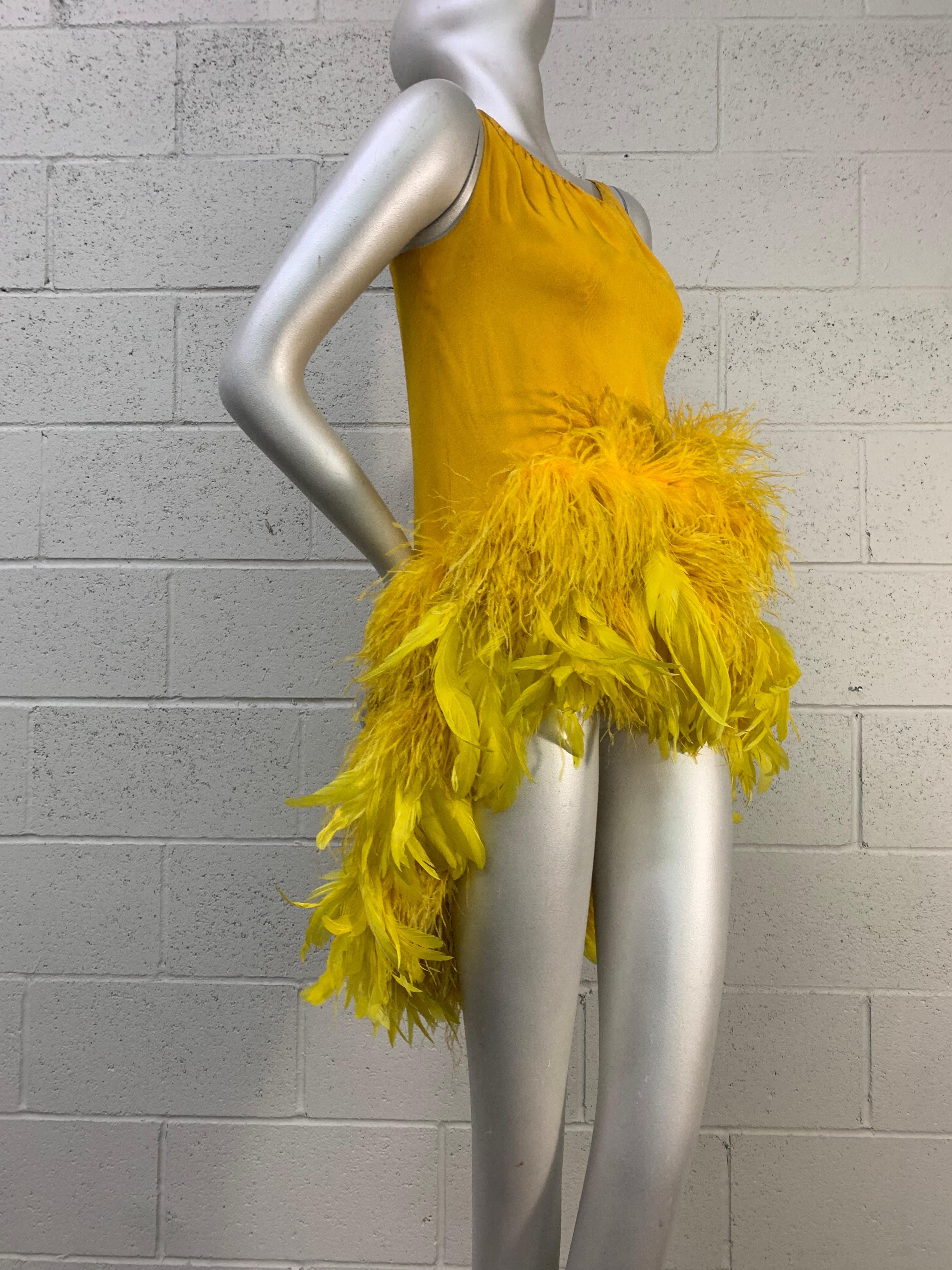 Torso Creations Canary Silk Crepe Micro-Mini Dress w Extravagant Ostrich Trim In Excellent Condition For Sale In Gresham, OR